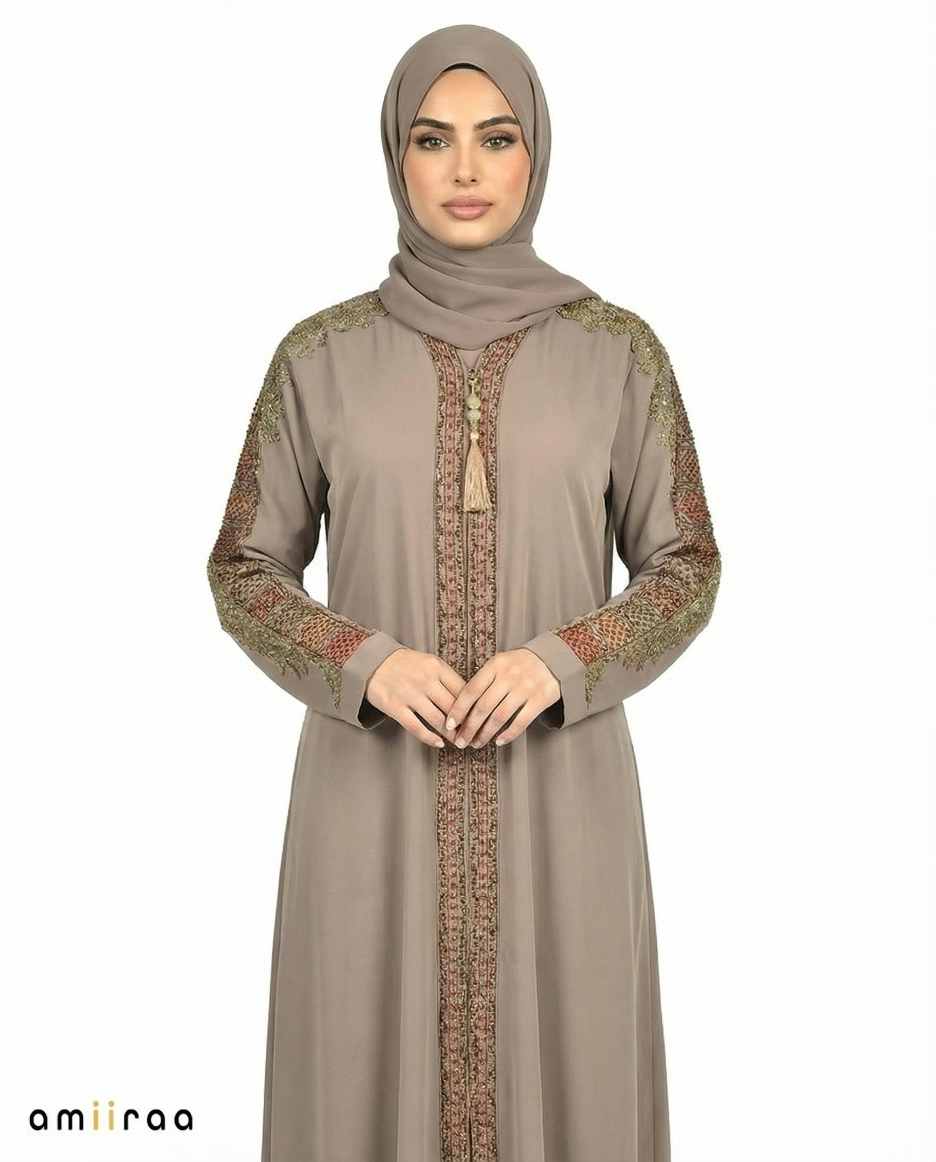 Sea Spray Luxe Beaded Lace Yoke Embroidered Tassel Abaya