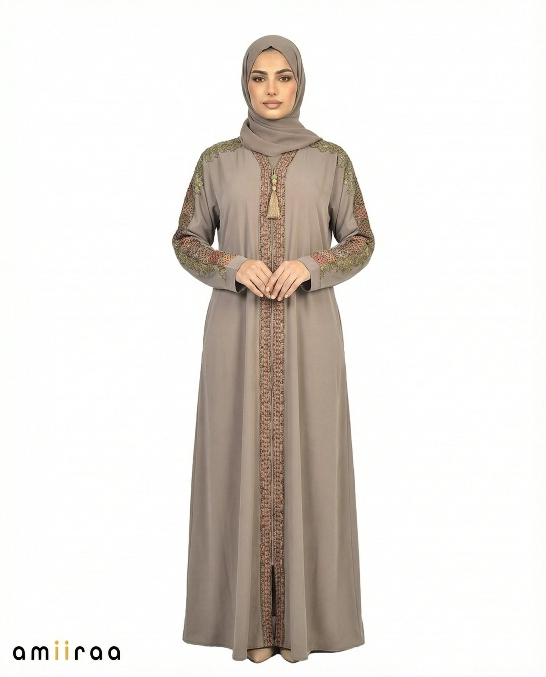 Sea Spray Luxe Beaded Lace Yoke Embroidered Tassel Abaya