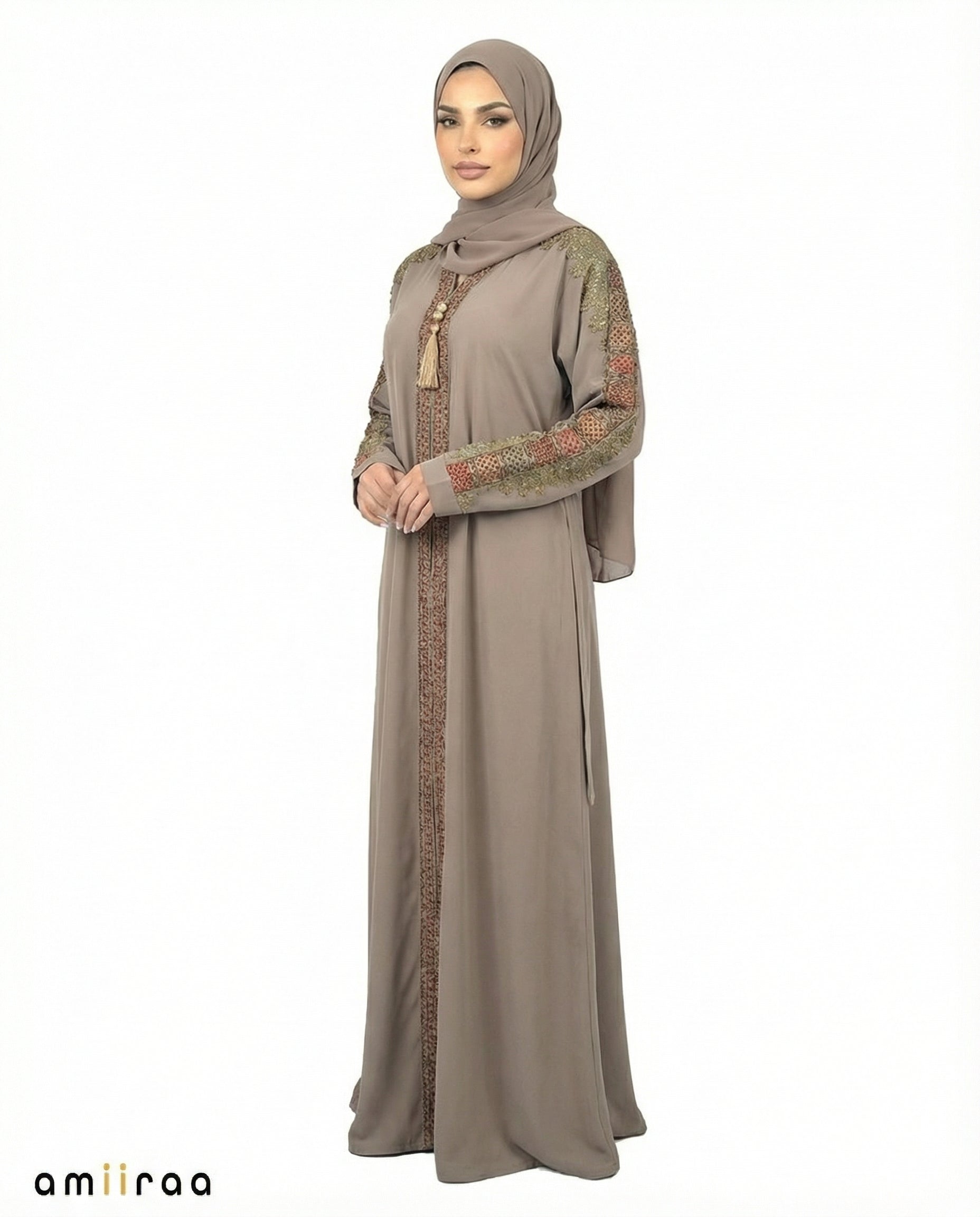 Sea Spray Luxe Beaded Lace Yoke Embroidered Tassel Abaya