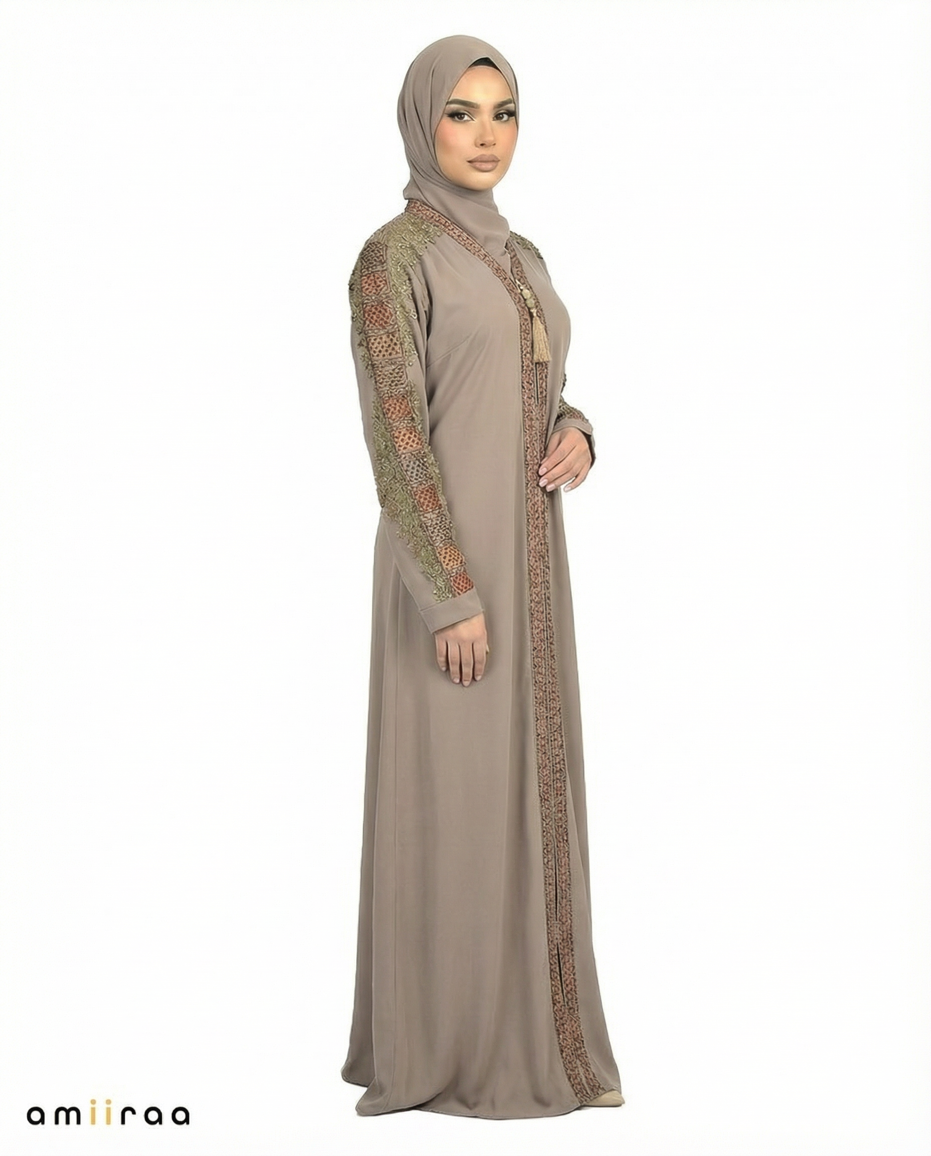Sea Spray Luxe Beaded Lace Yoke Embroidered Tassel Abaya