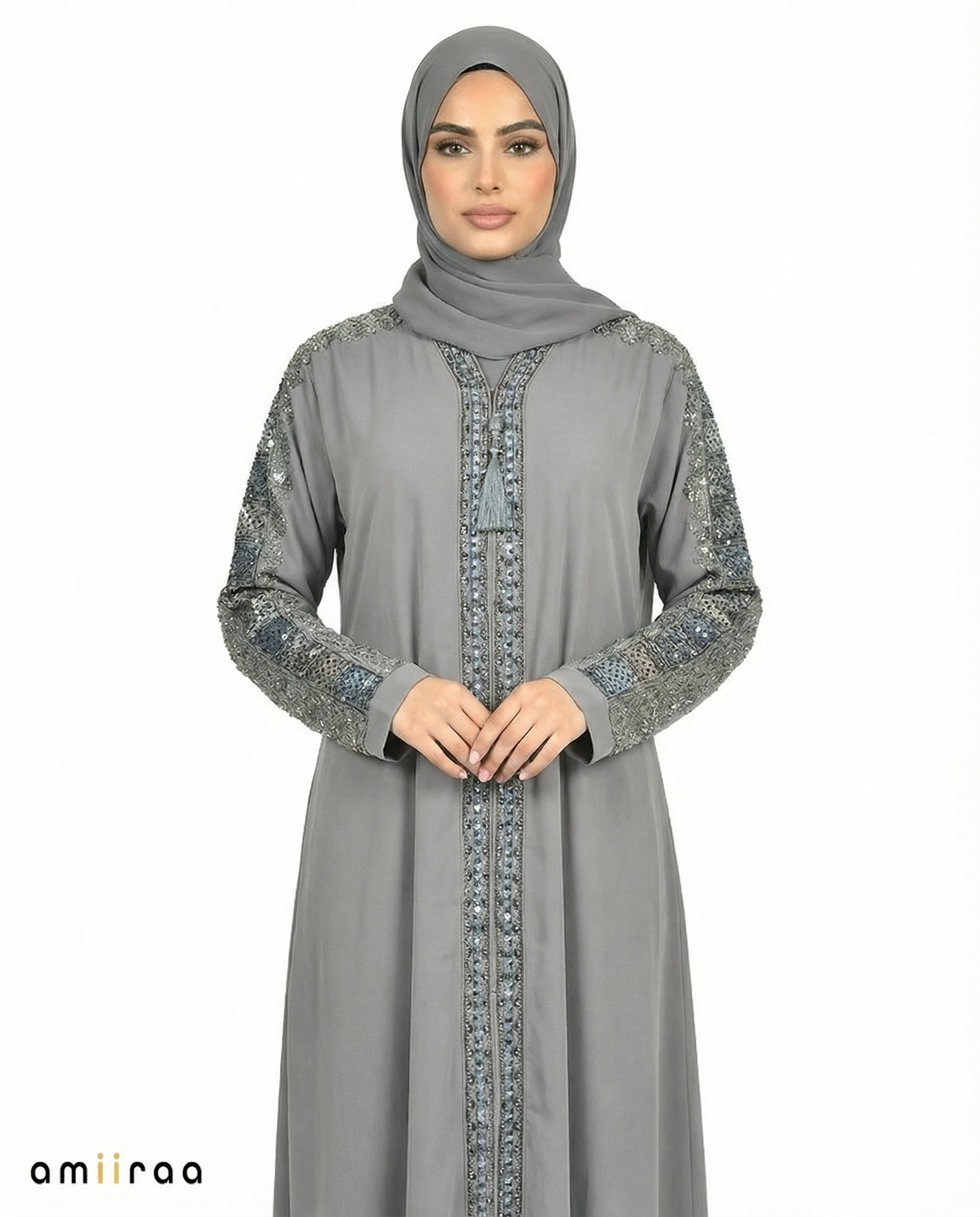 Stormy Weather Luxe Beaded Lace Yoke Embroidered Tassel Abaya