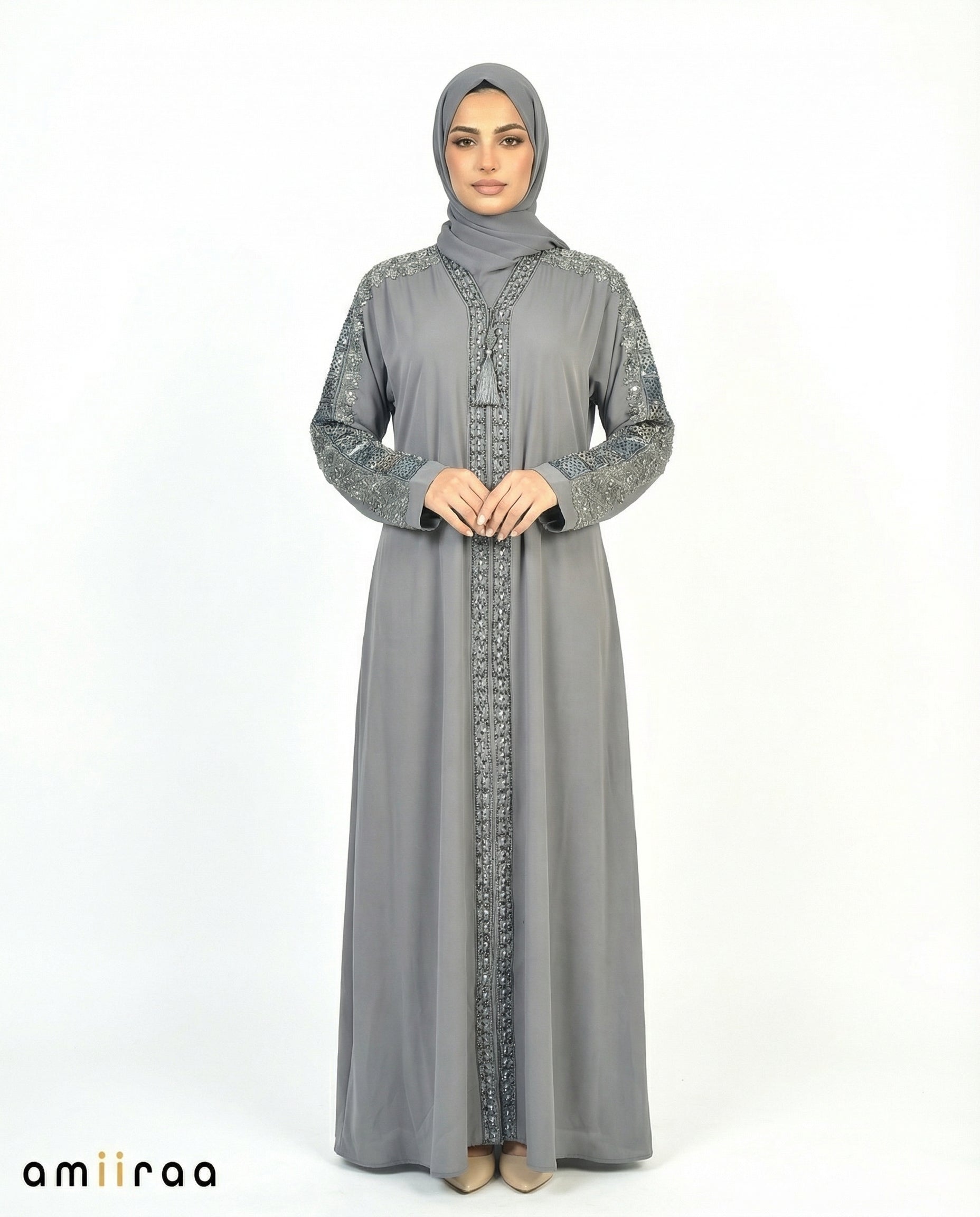 Stormy Weather Luxe Beaded Lace Yoke Embroidered Tassel Abaya