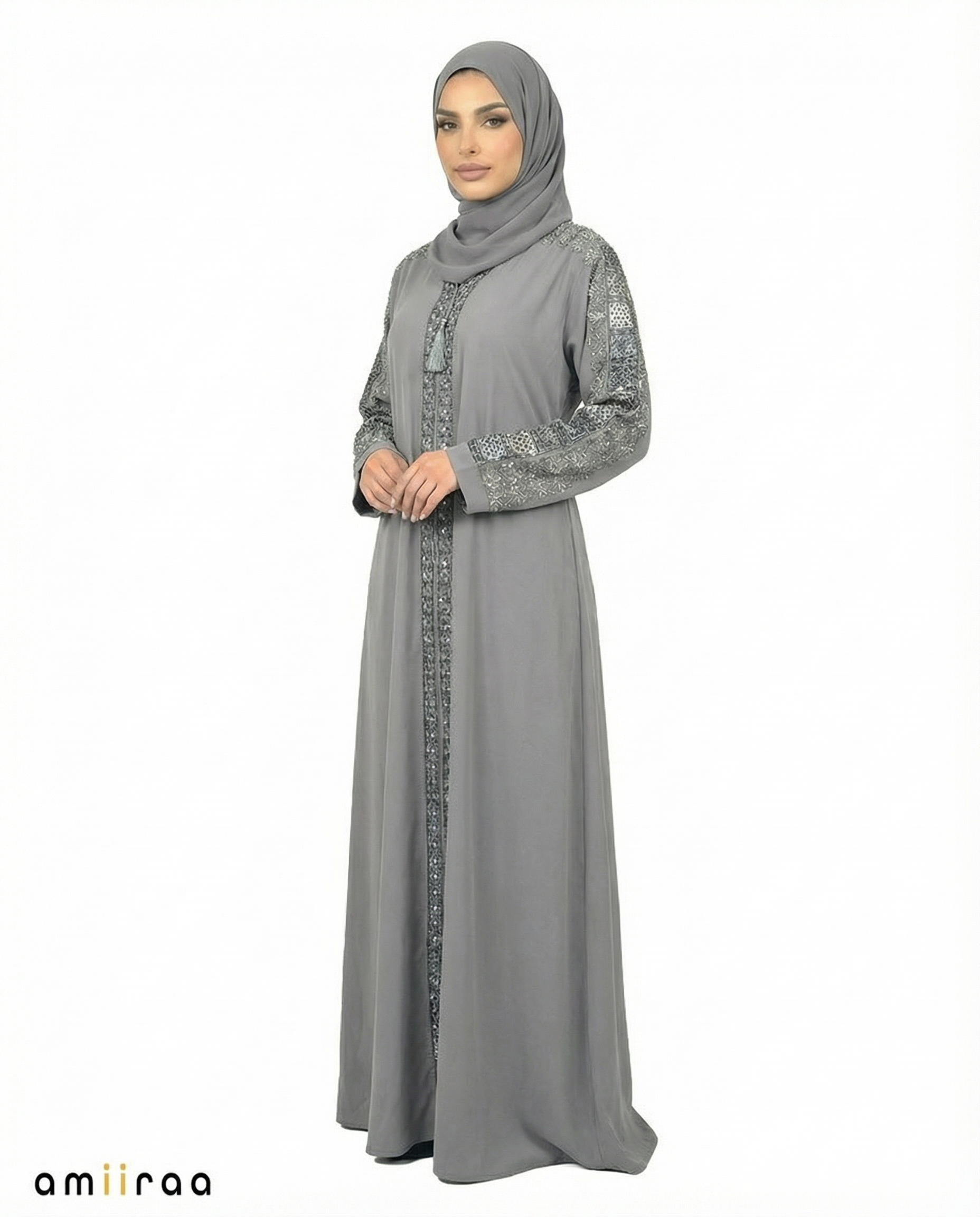 Stormy Weather Luxe Beaded Lace Yoke Embroidered Tassel Abaya