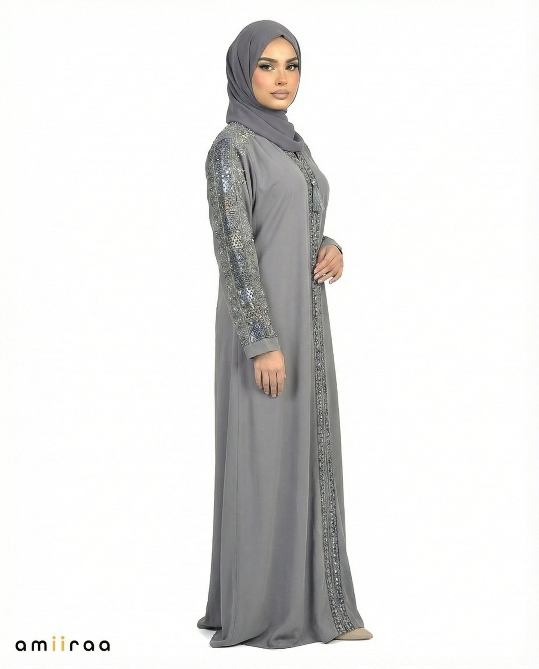 Stormy Weather Luxe Beaded Lace Yoke Embroidered Tassel Abaya