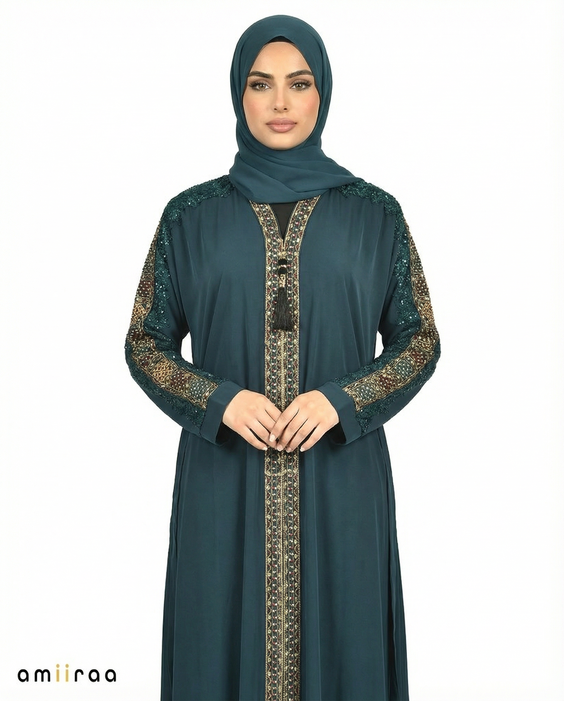 Dark Sea Luxe Beaded Lace Yoke Embroidered Tassel Abaya