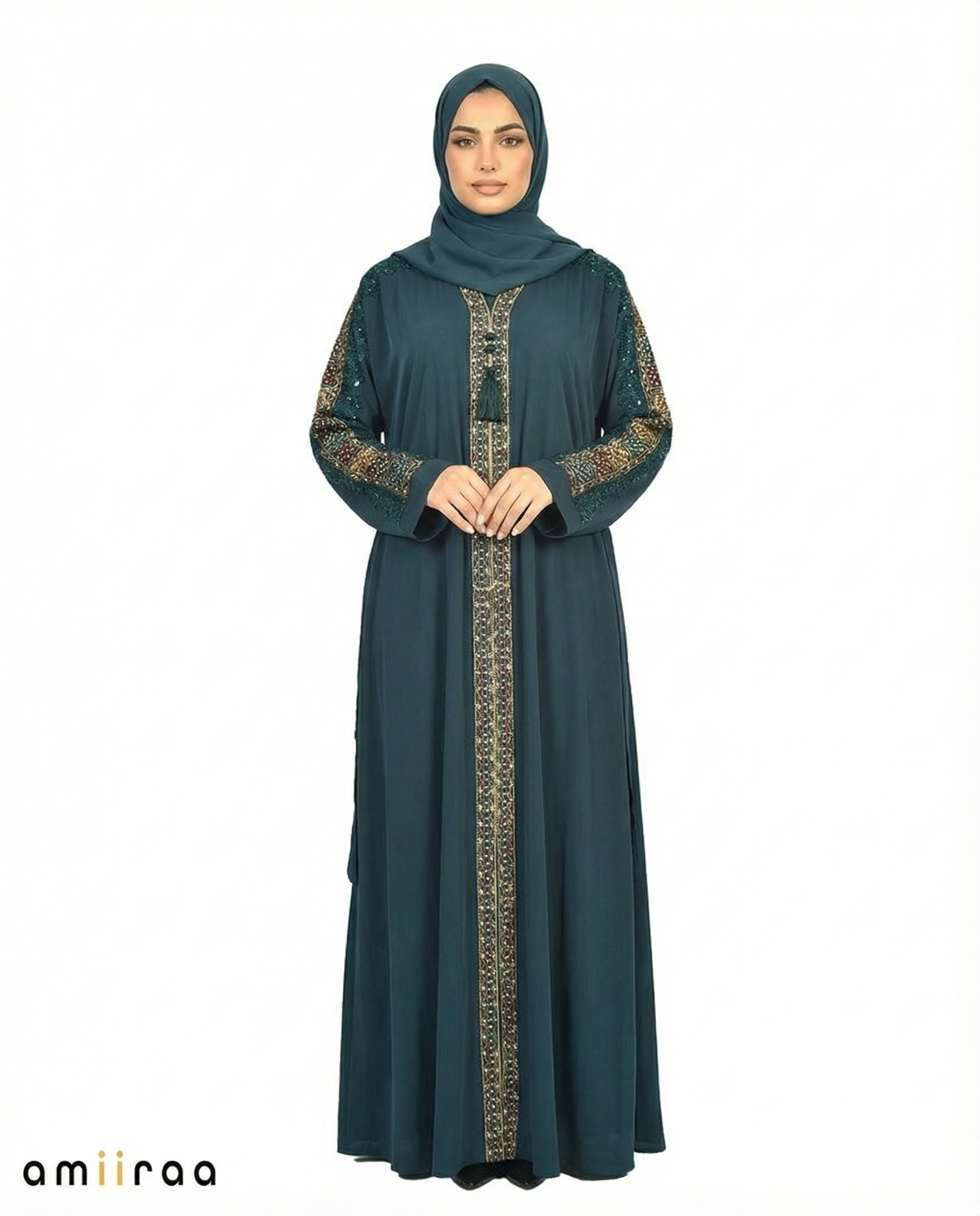 Dark Sea Luxe Beaded Lace Yoke Embroidered Tassel Abaya