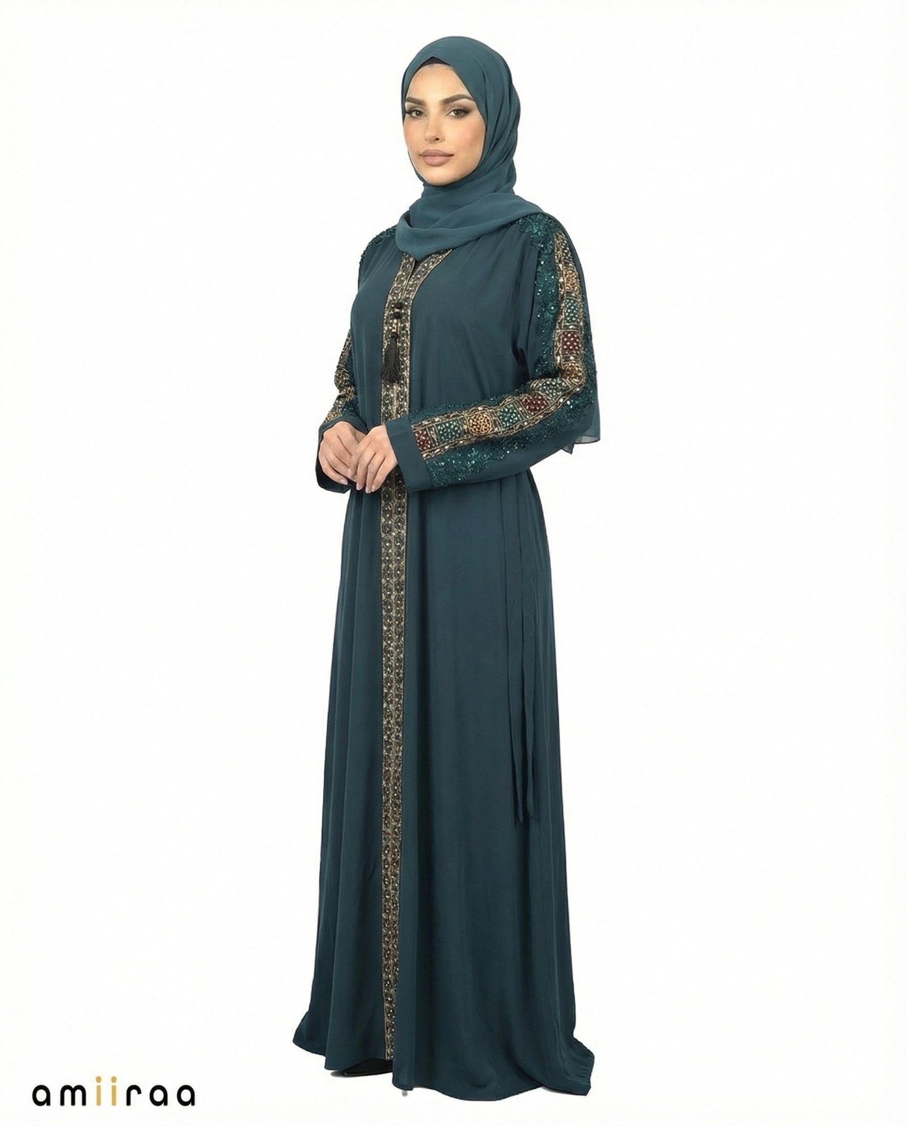 Dark Sea Luxe Beaded Lace Yoke Embroidered Tassel Abaya