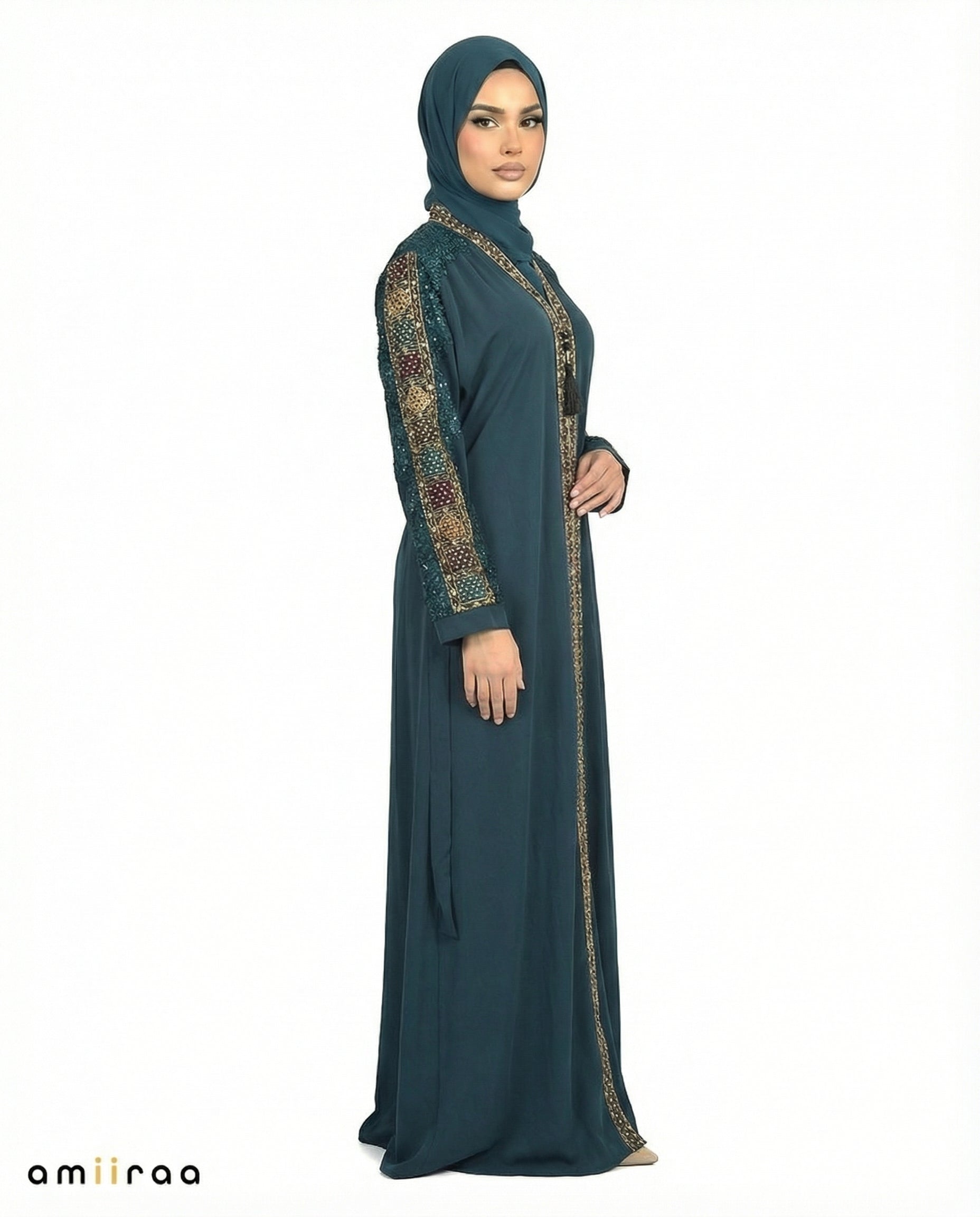 Dark Sea Luxe Beaded Lace Yoke Embroidered Tassel Abaya