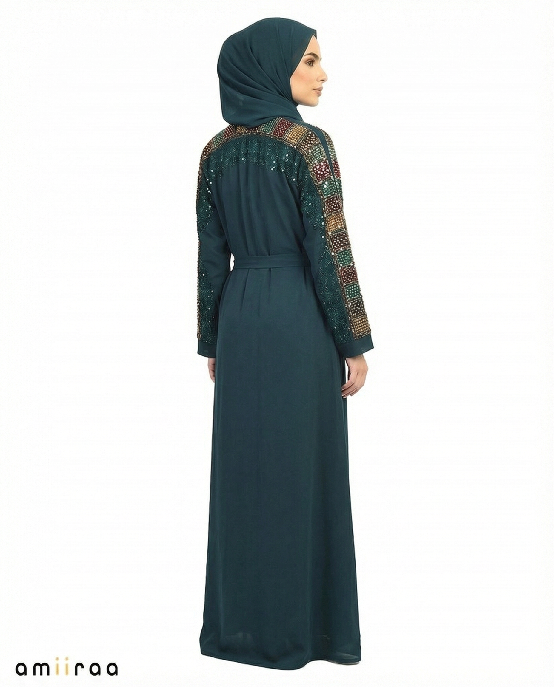 Dark Sea Luxe Beaded Lace Yoke Embroidered Tassel Abaya