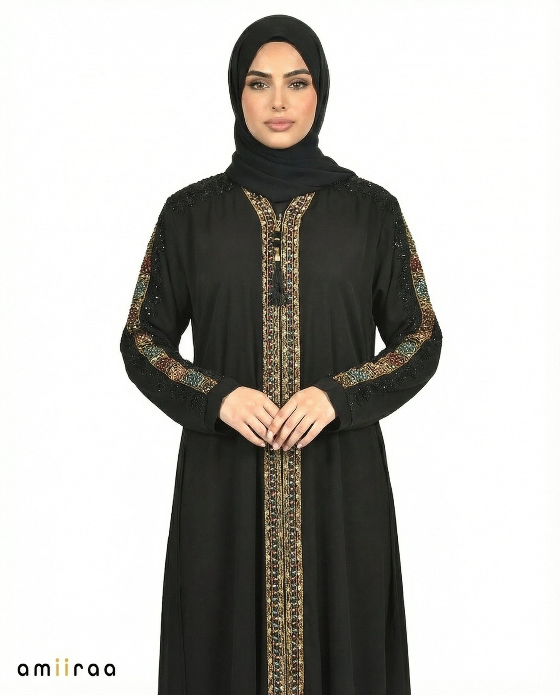 Tap Shoe Luxe Beaded Lace Yoke Embroidered Tassel Abaya
