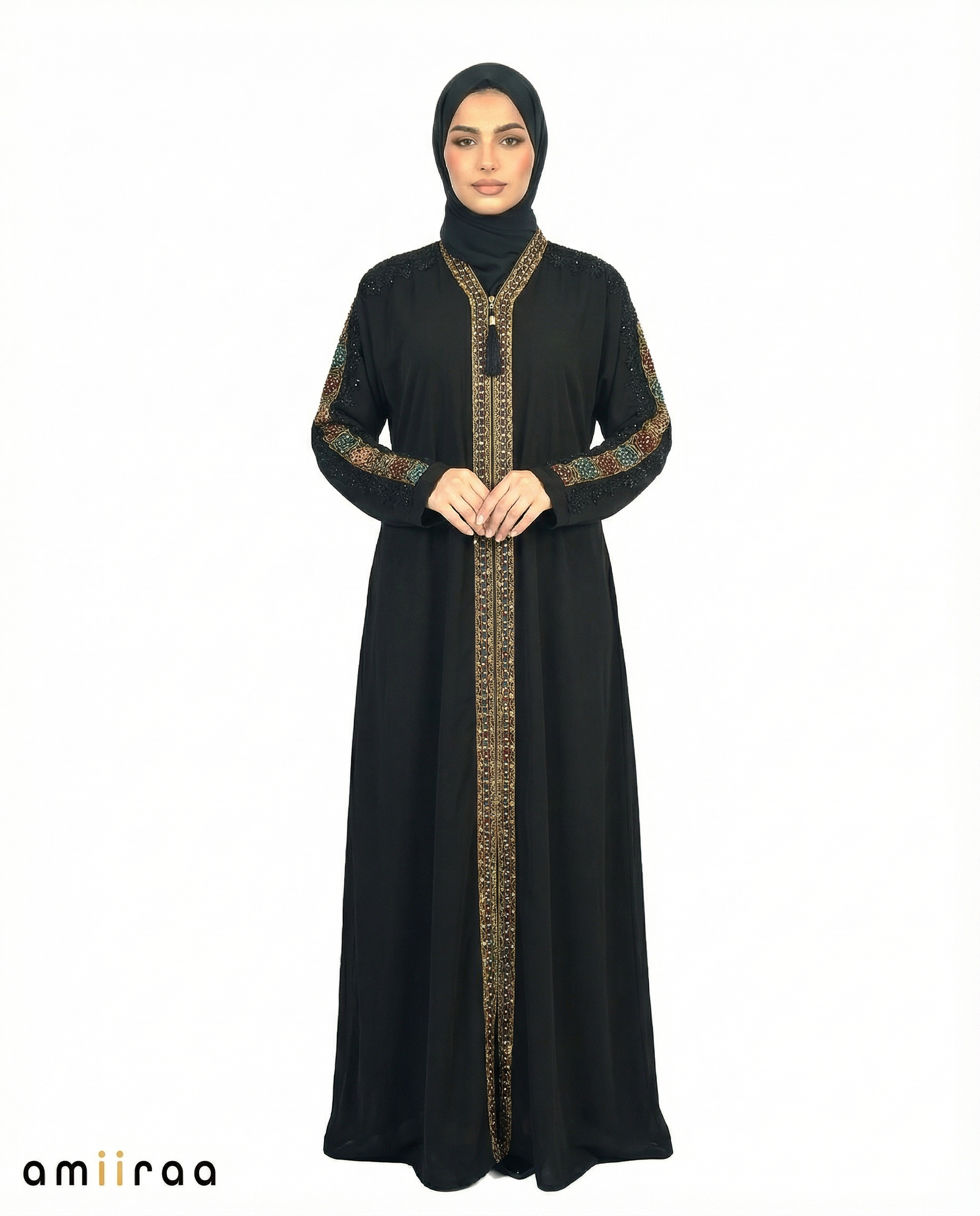 Tap Shoe Luxe Beaded Lace Yoke Embroidered Tassel Abaya