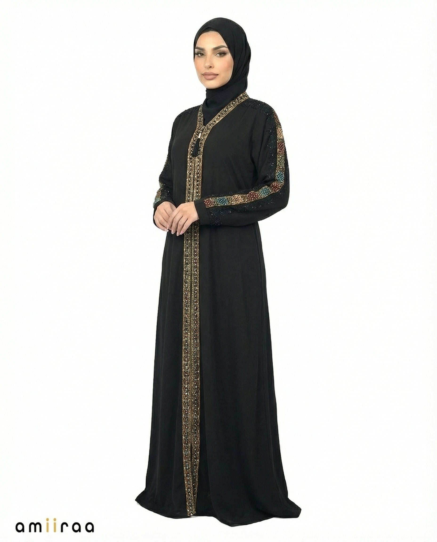 Tap Shoe Luxe Beaded Lace Yoke Embroidered Tassel Abaya