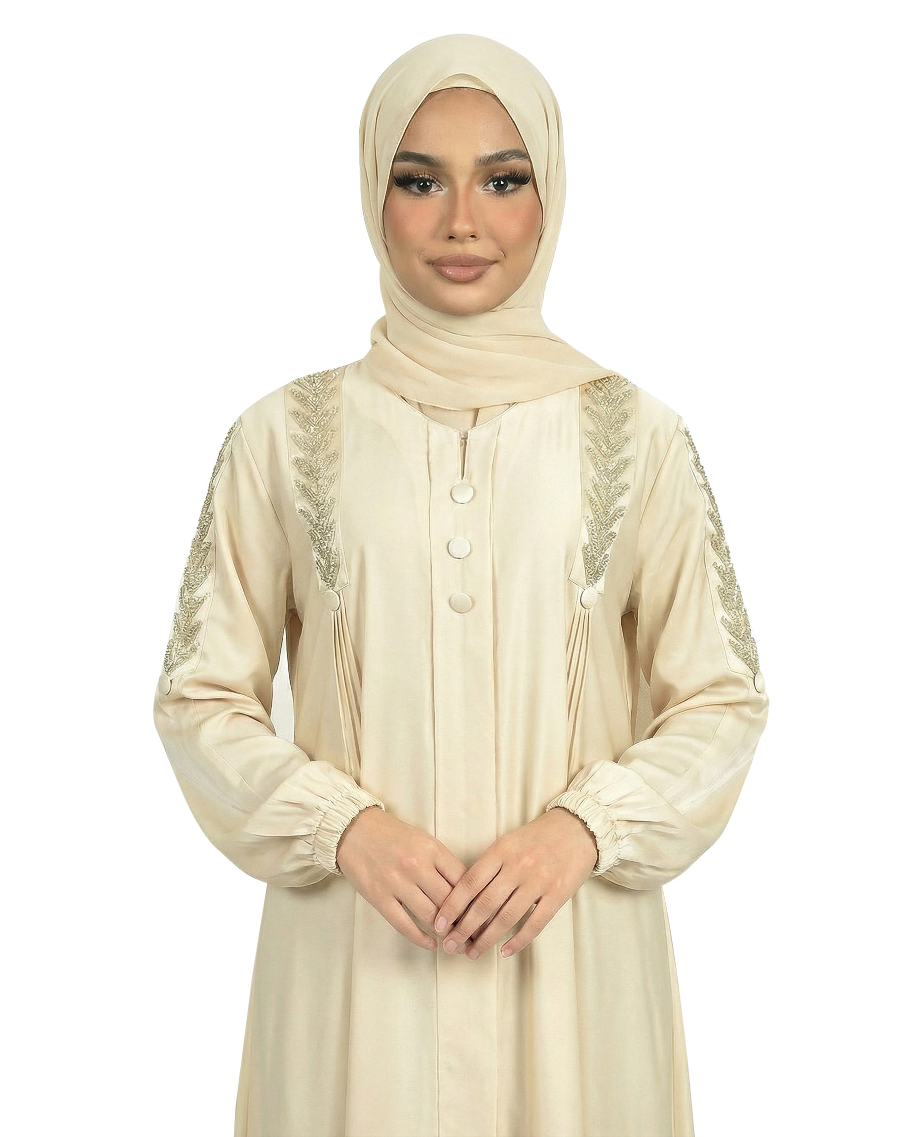 Button Detail Modest Abaya with Braided Trim - Lightest Sky