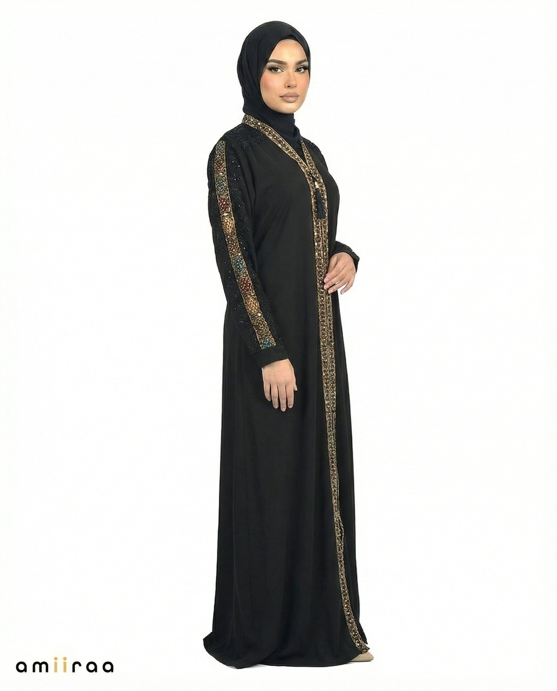 Tap Shoe Luxe Beaded Lace Yoke Embroidered Tassel Abaya