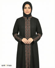 3 Piece Abaya with Embroidered Trim and Stone Detail - Meteorite