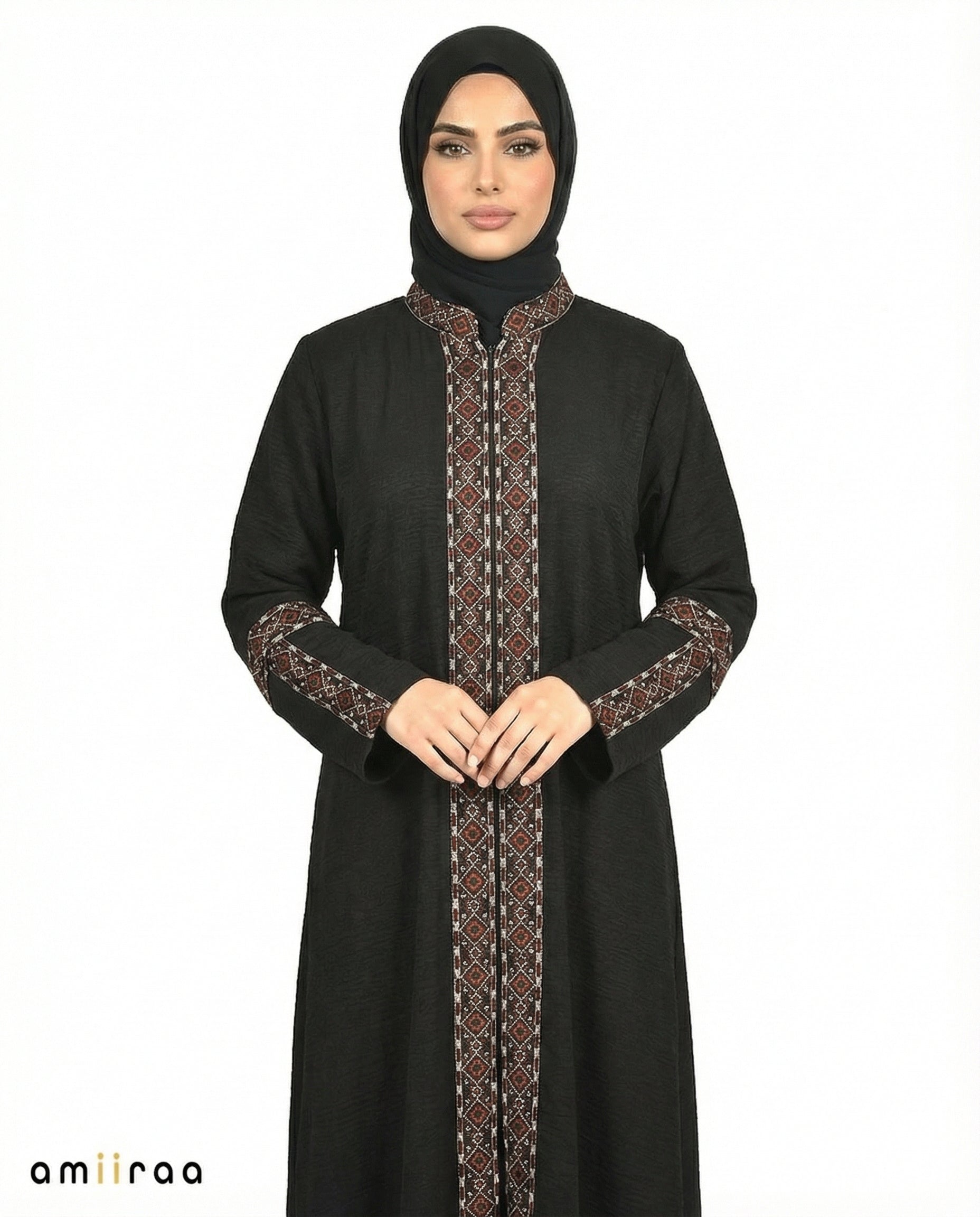 3 Piece Abaya with Embroidered Trim and Stone Detail - Meteorite