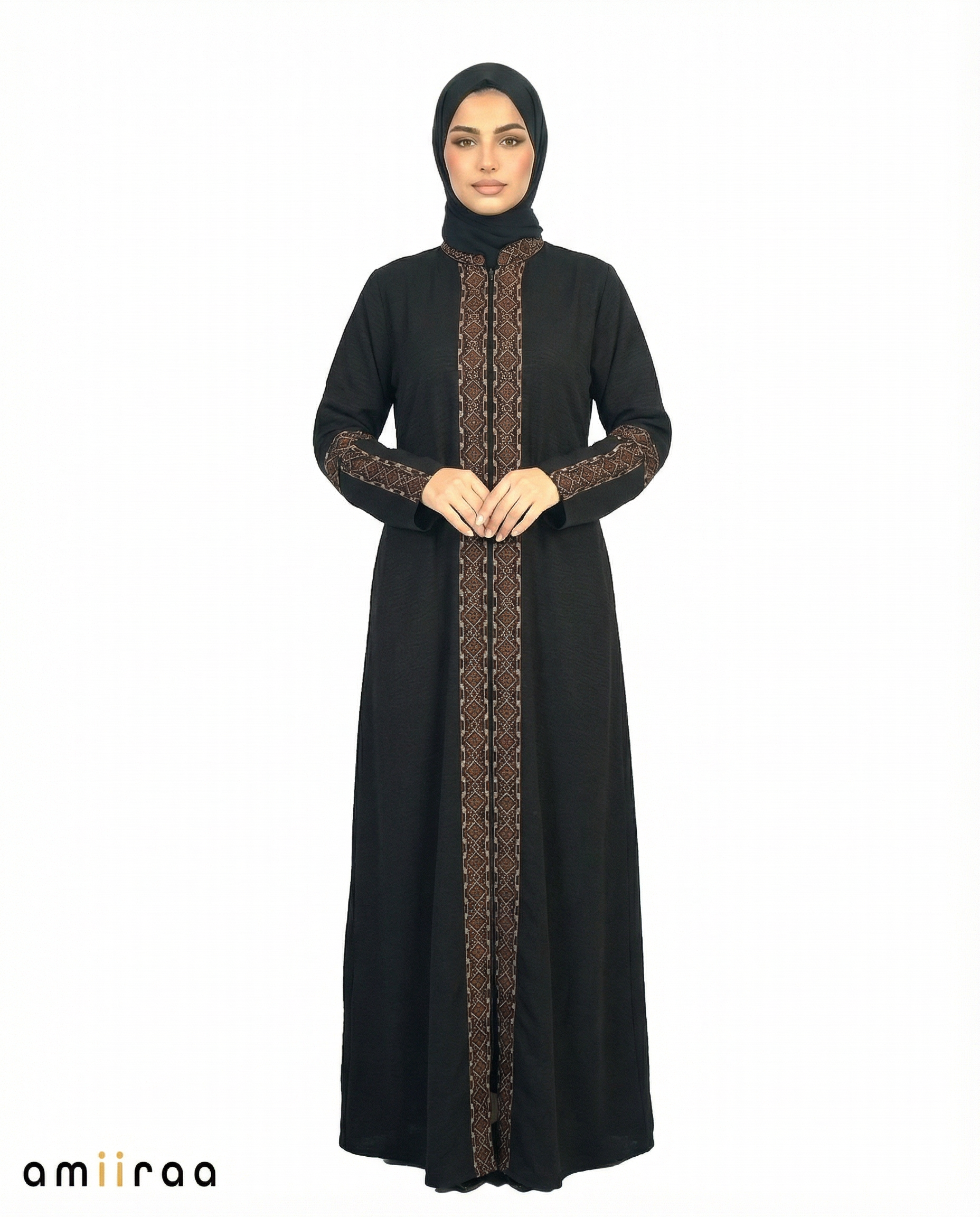 3 Piece Abaya with Embroidered Trim and Stone Detail - Meteorite