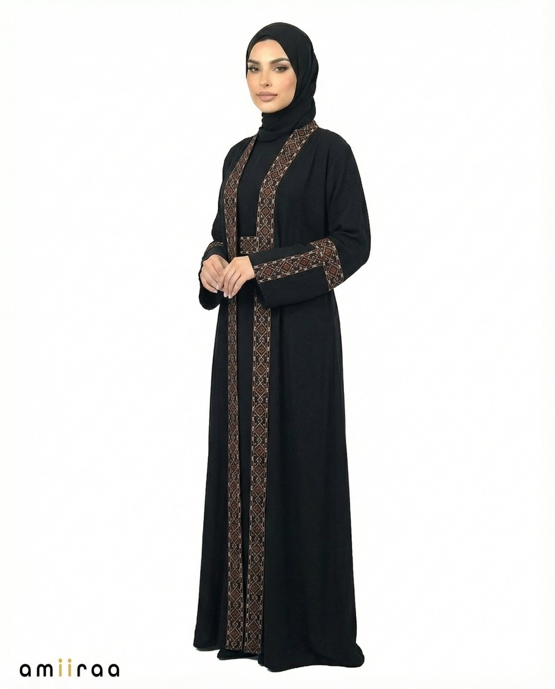 3 Piece Abaya with Embroidered Trim and Stone Detail - Meteorite