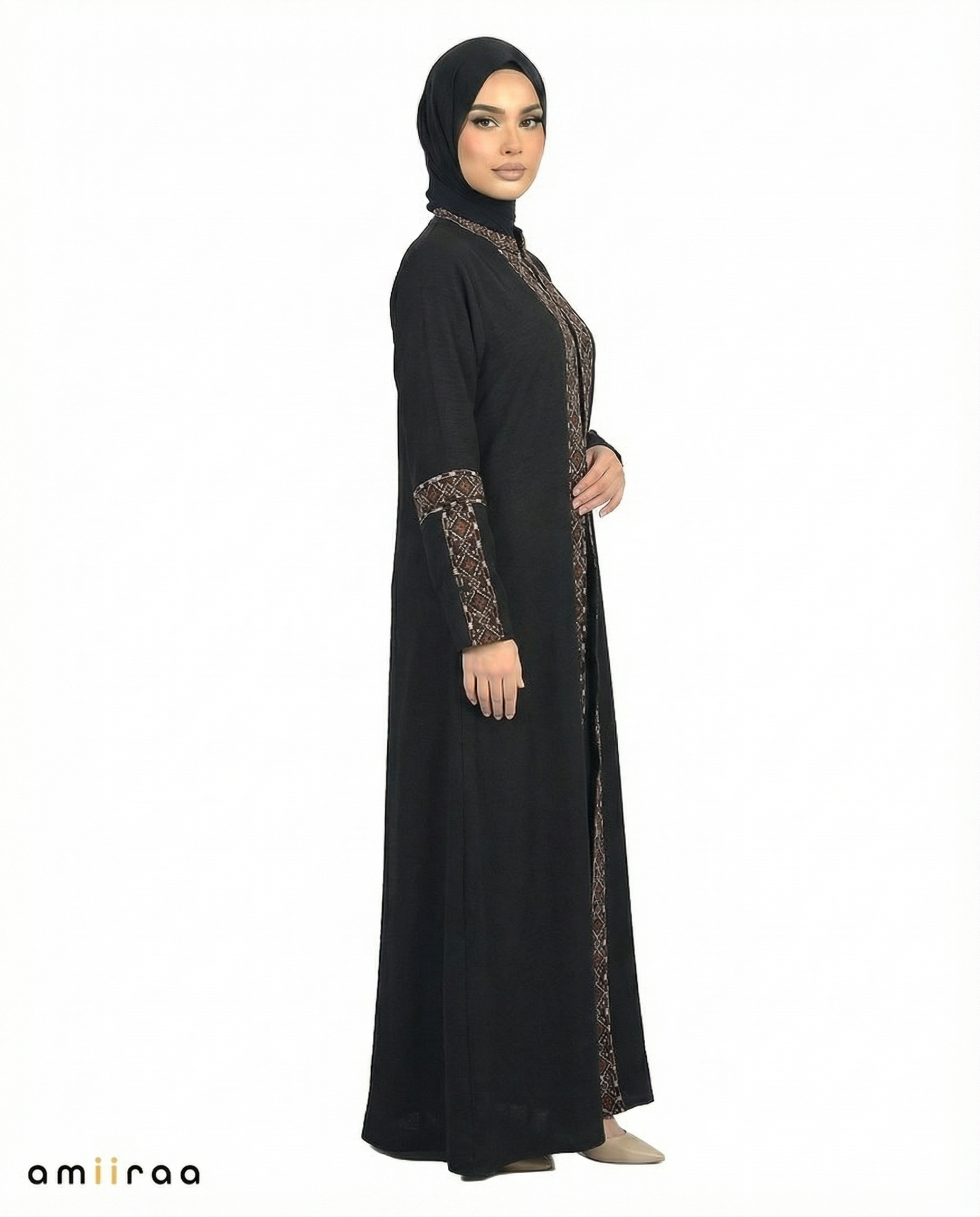 3 Piece Abaya with Embroidered Trim and Stone Detail - Meteorite