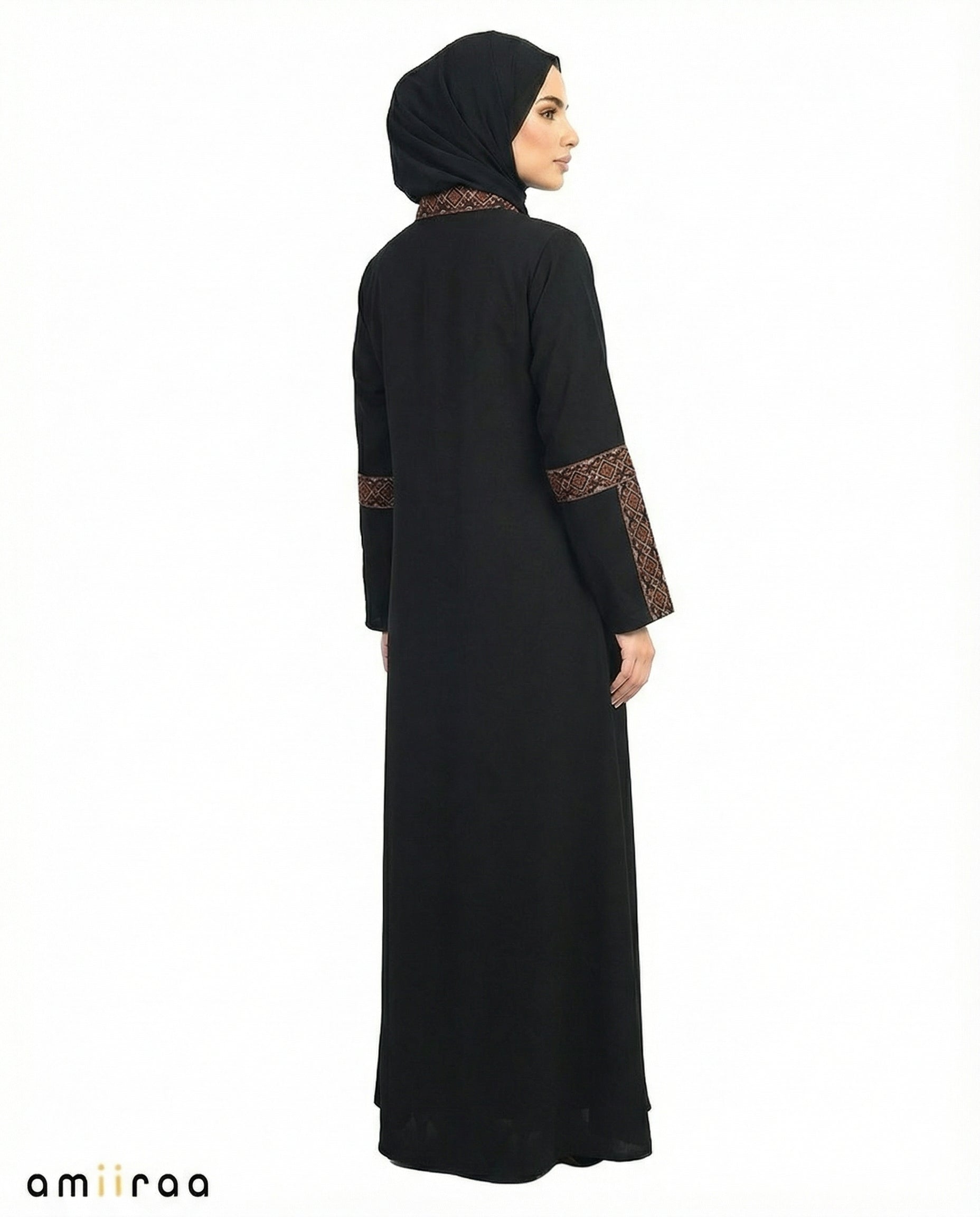 3 Piece Abaya with Embroidered Trim and Stone Detail - Meteorite