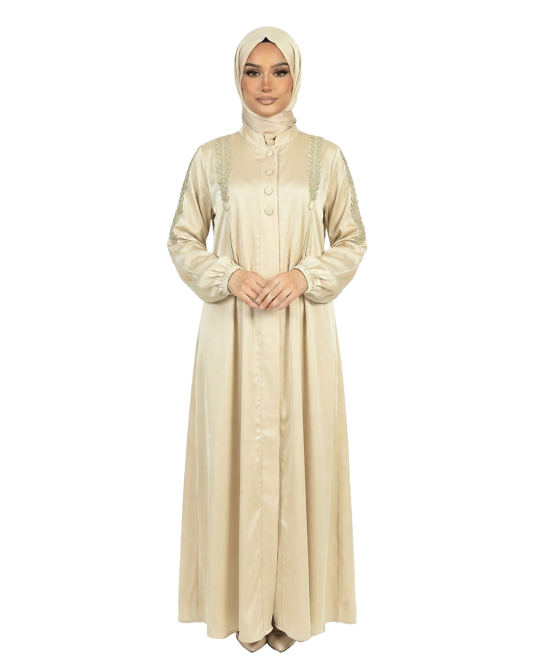 Button Detail Modest Abaya with Braided Trim - Lightest Sky