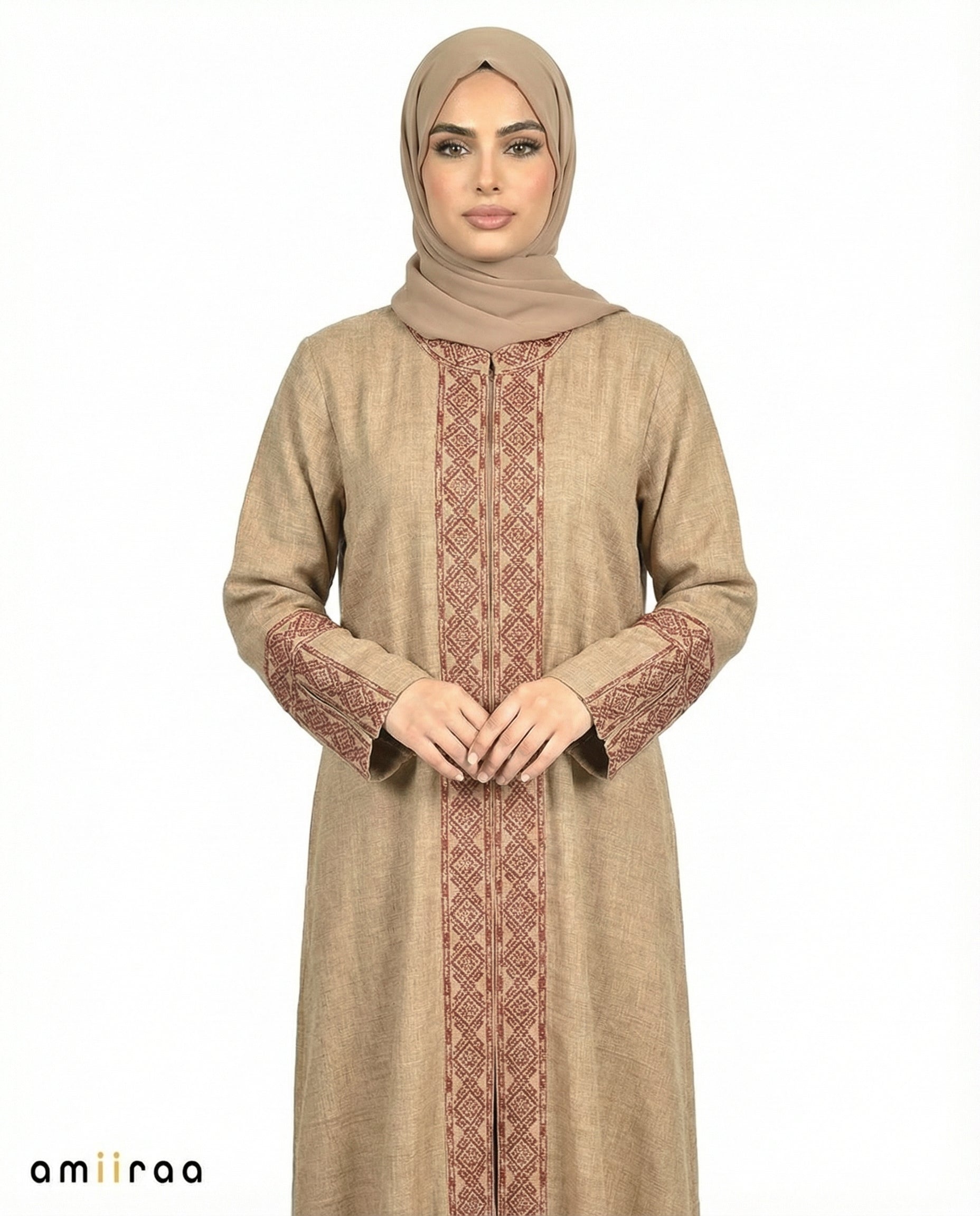 3 Piece Abaya with Embroidered Trim and Stone Detail - Sepia Tint