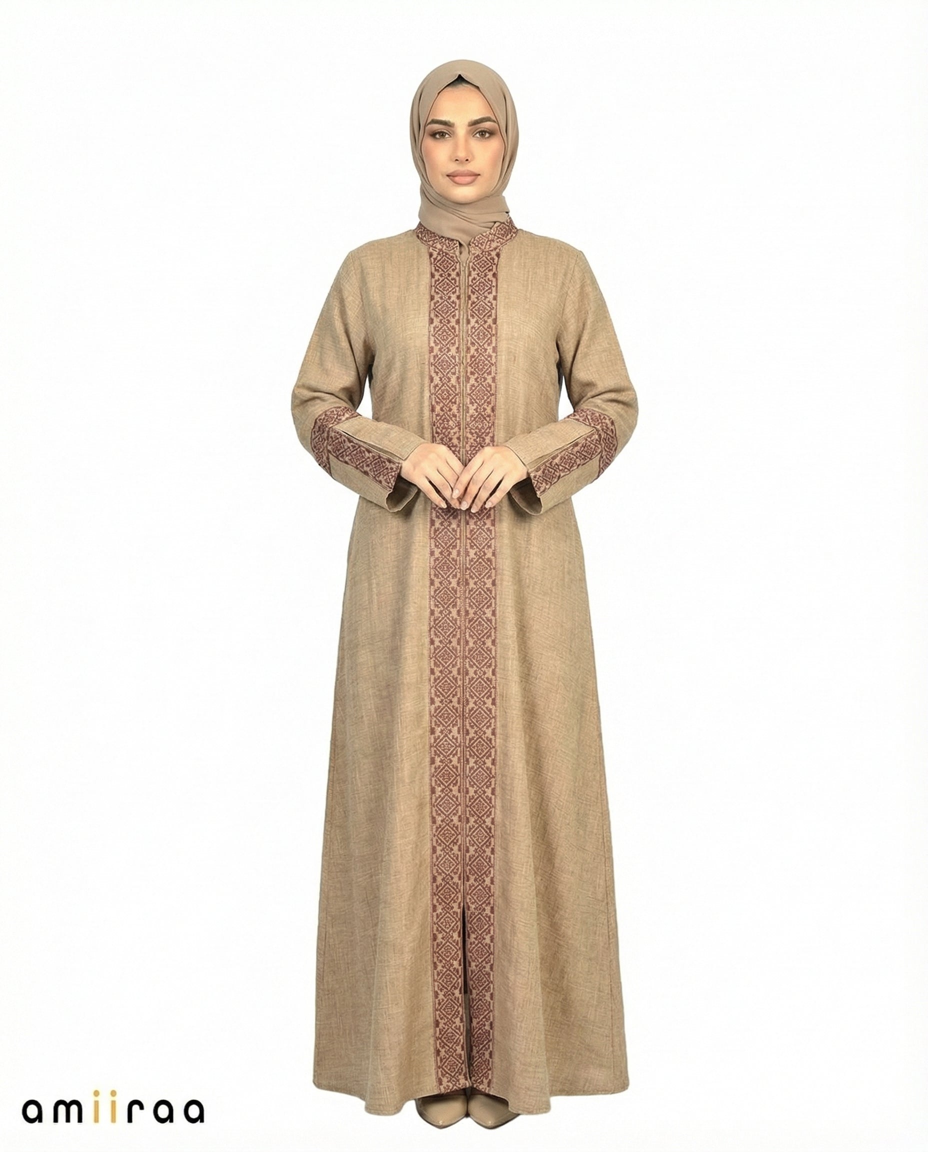 3 Piece Abaya with Embroidered Trim and Stone Detail - Sepia Tint