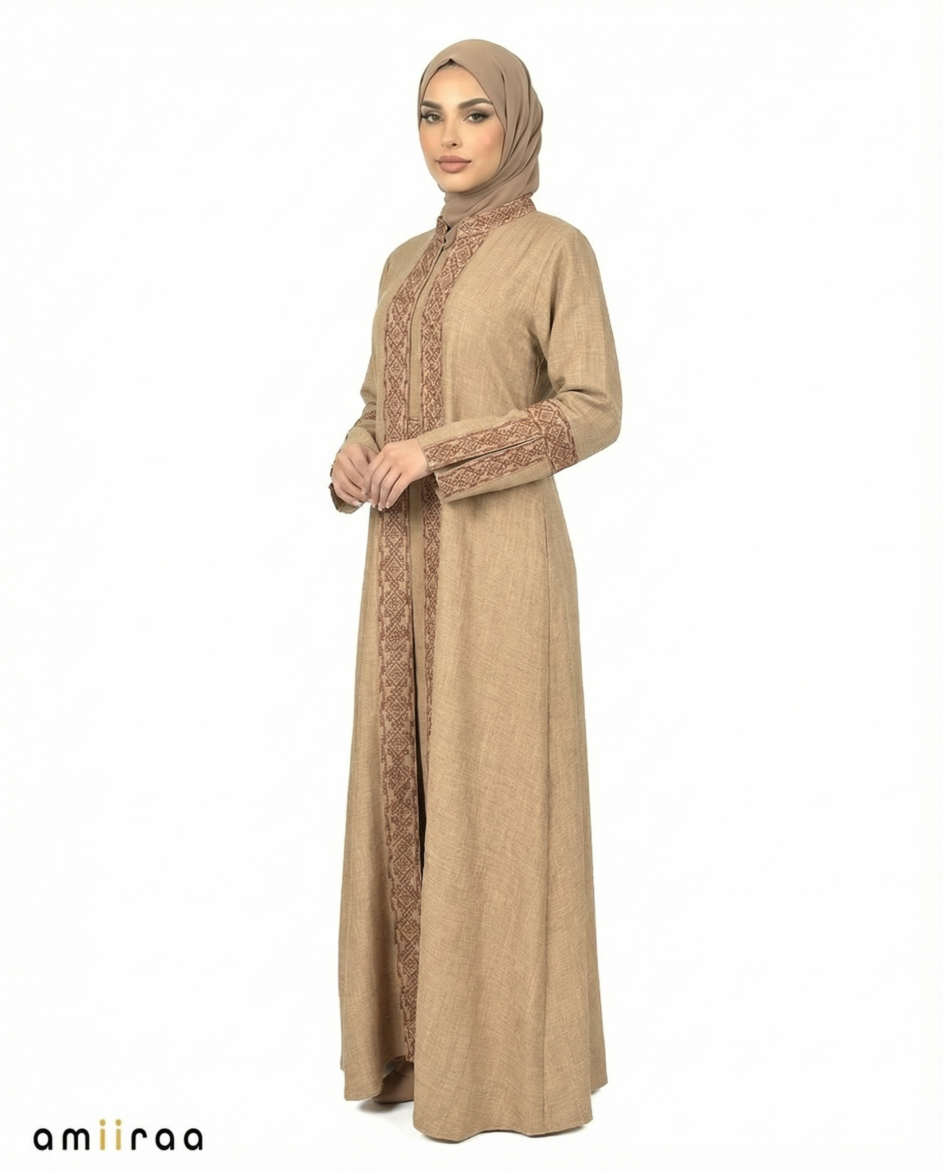 3 Piece Abaya with Embroidered Trim and Stone Detail - Sepia Tint