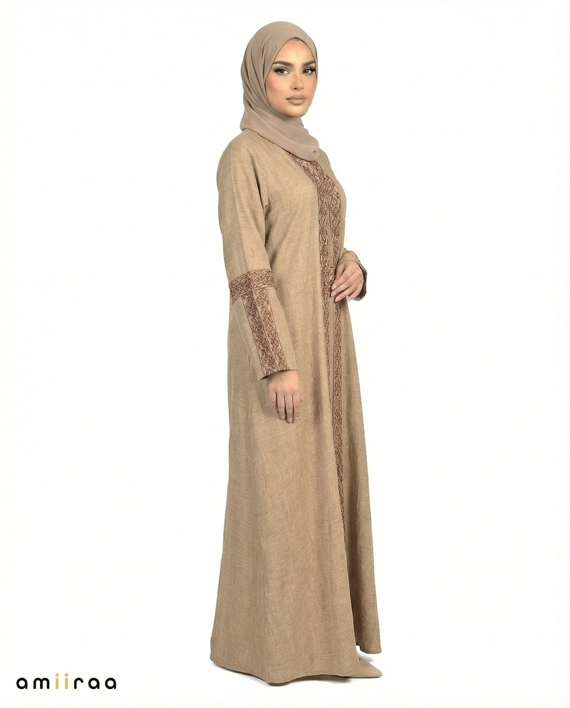 3 Piece Abaya with Embroidered Trim and Stone Detail - Sepia Tint