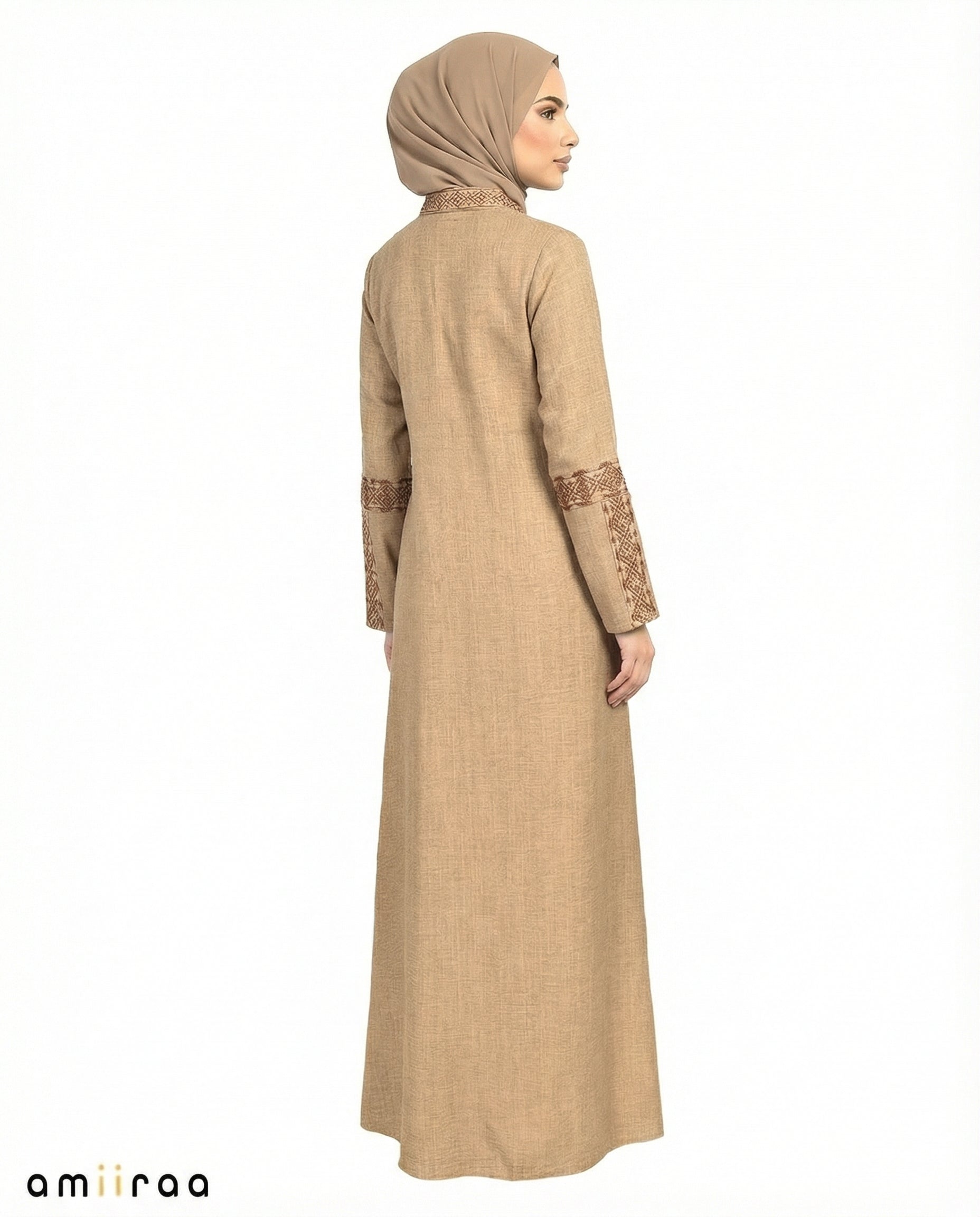 3 Piece Abaya with Embroidered Trim and Stone Detail - Sepia Tint
