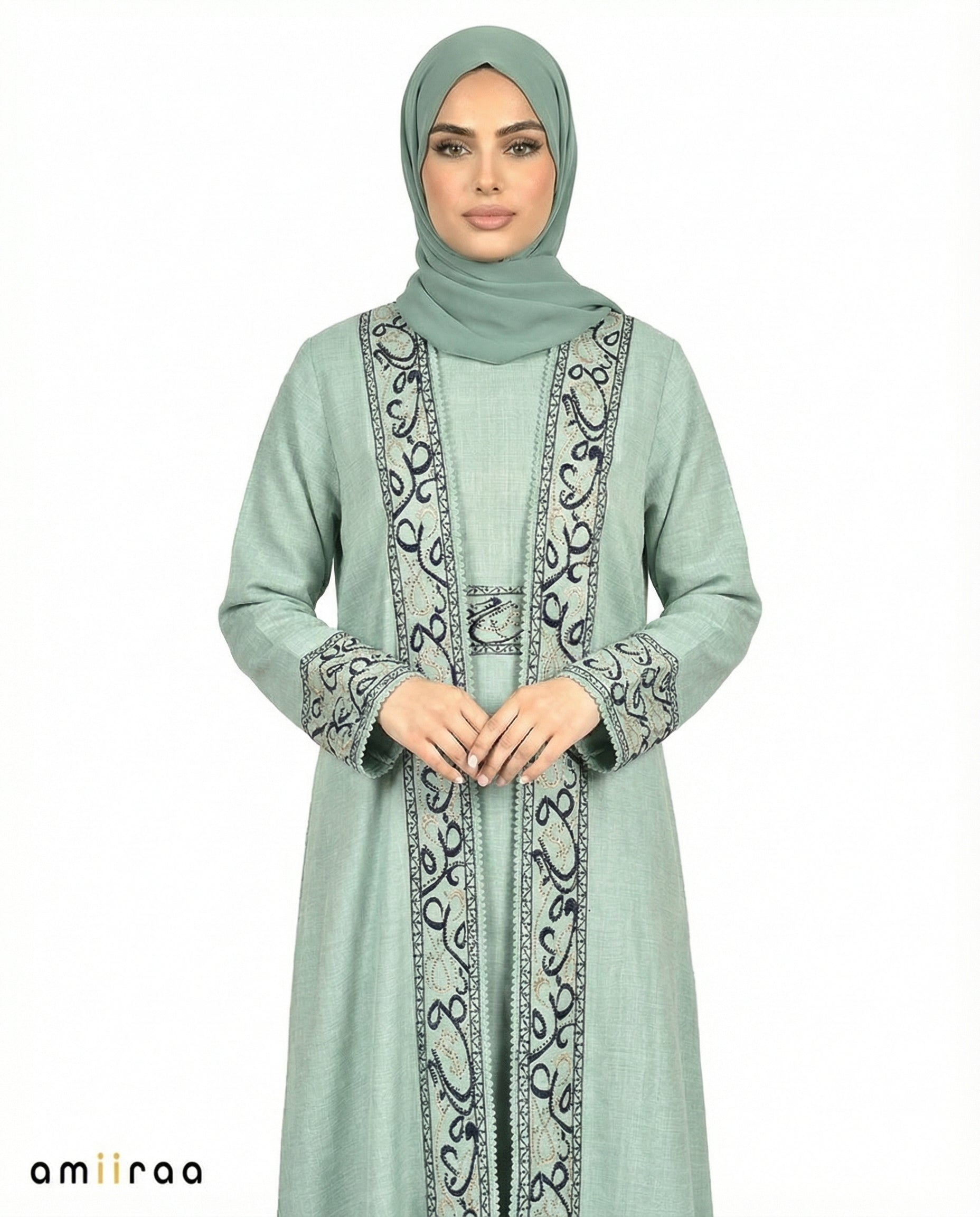 Aquifer Arabesque Embroidered Panel Abaya