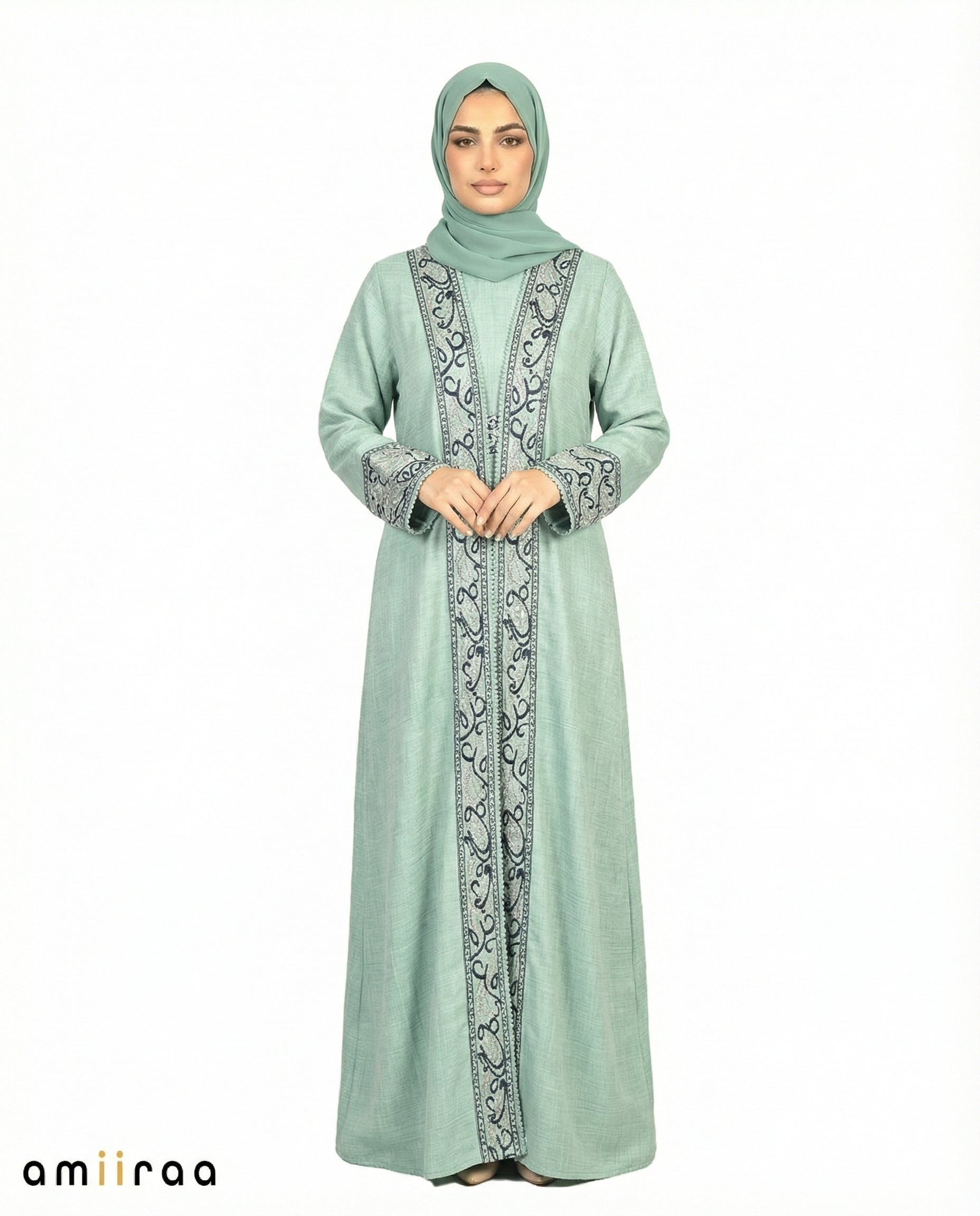 Aquifer Arabesque Embroidered Panel Abaya