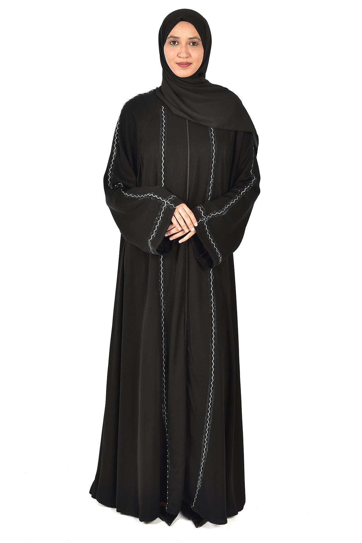 Luxury Black Abaya with Elegant White Embroidery – Classic Flowy Design ( ladies abaya )