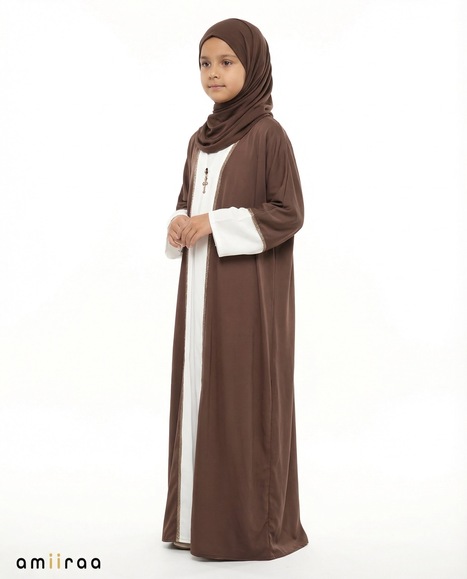Coffee Quaetz Elegant Open Abaya with Gold Trim Detailing