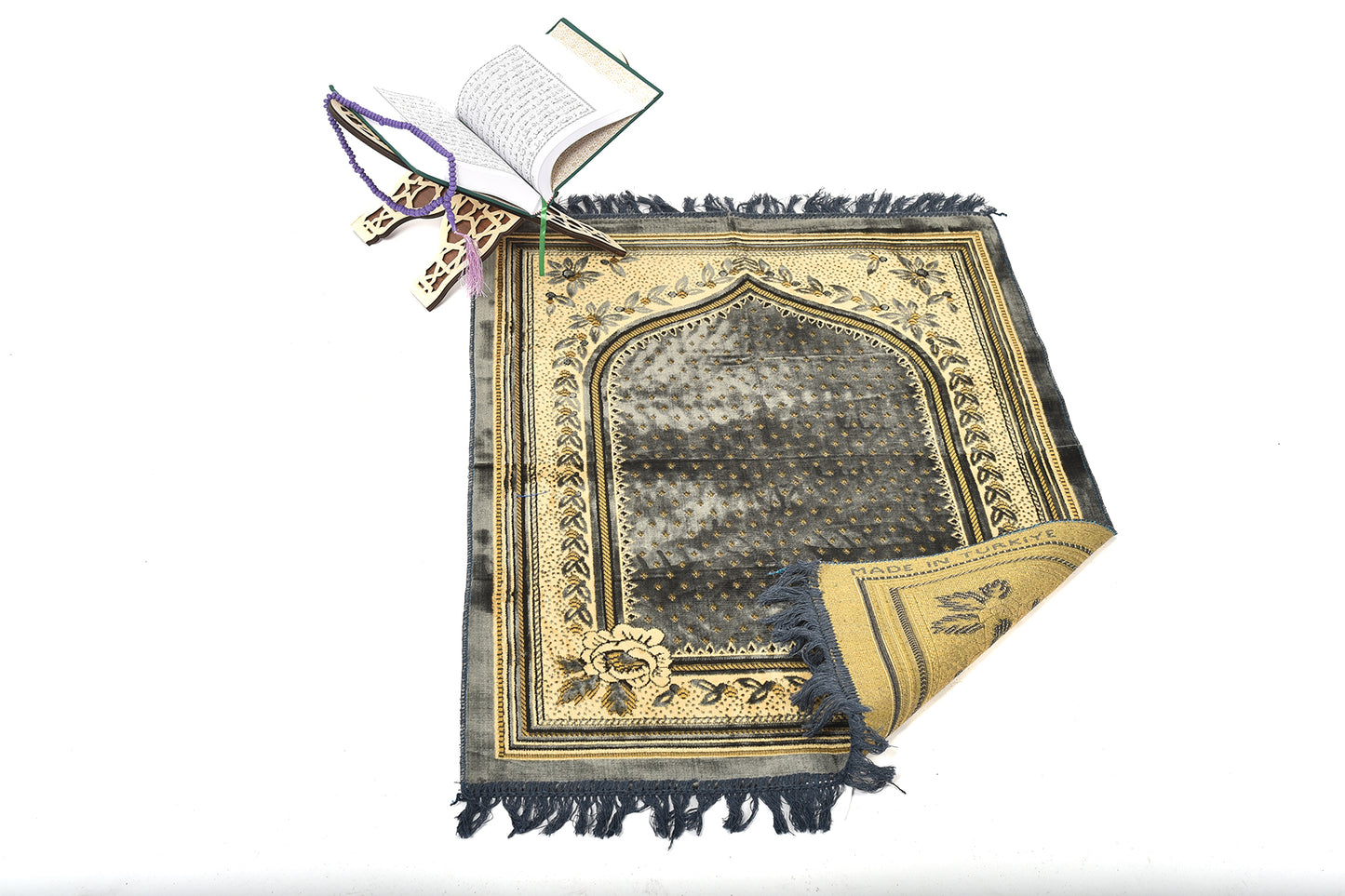 Elegant Prayer Rug – Classic Grey with Golden Floral Embroidery ( musallahs )