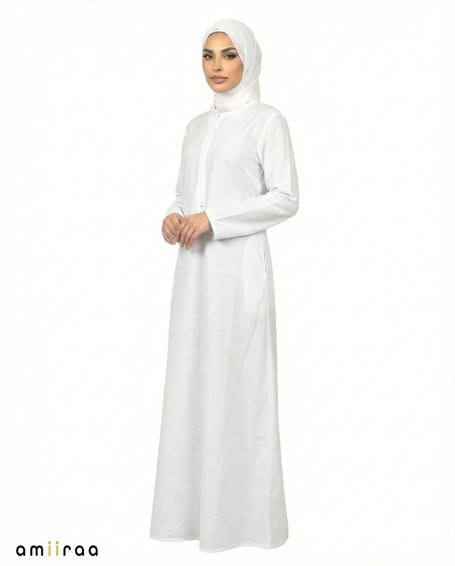 Brilliant White Classic Modest Zip-Front Ladies Ihram Dress
