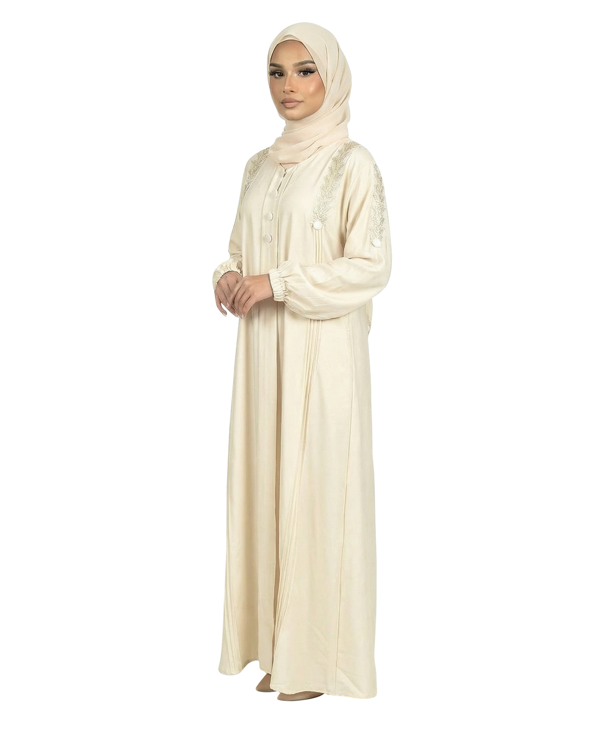 Button Detail Modest Abaya with Braided Trim - Lightest Sky