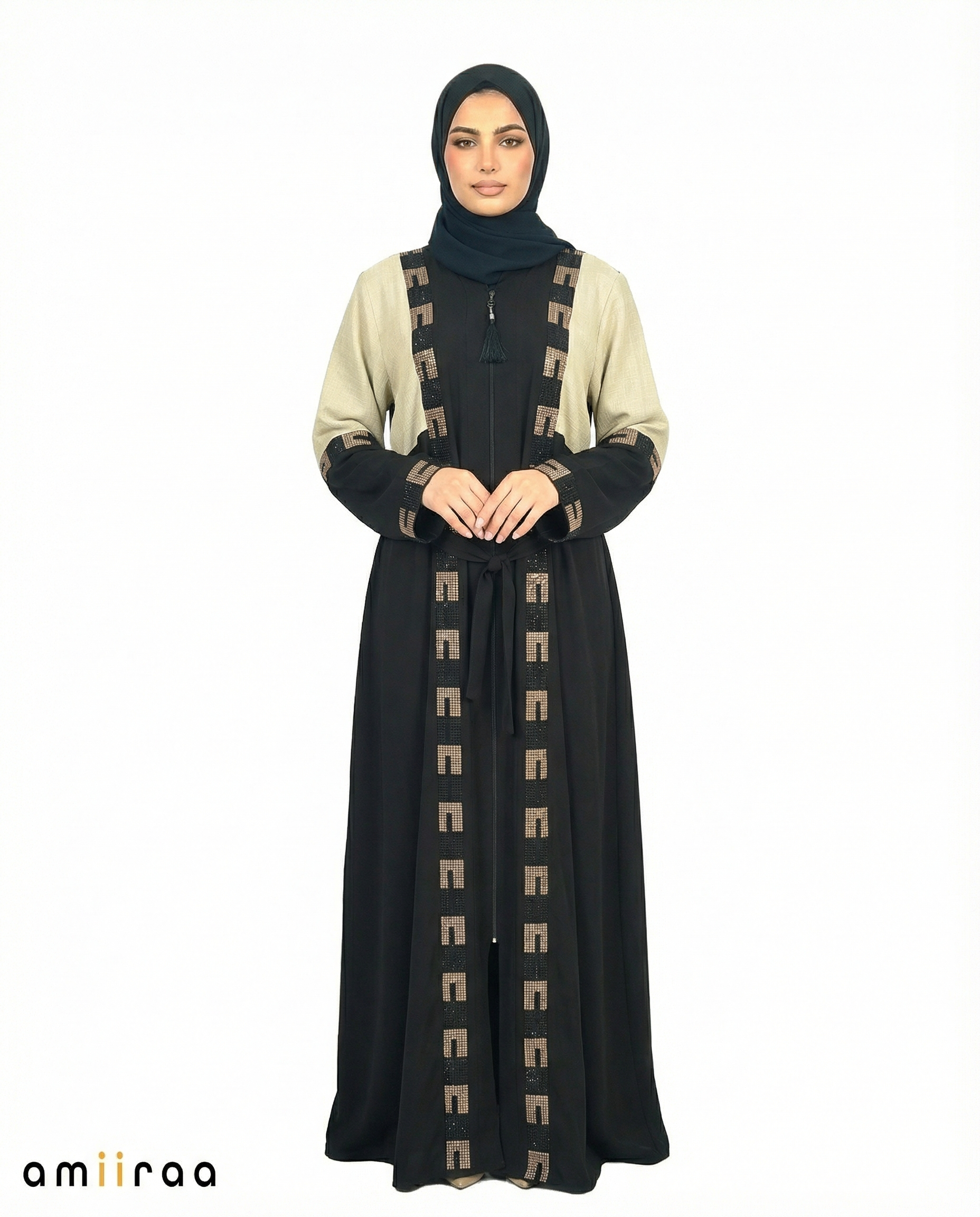 Fog Green Geometric Mosaic Beaded Abaya