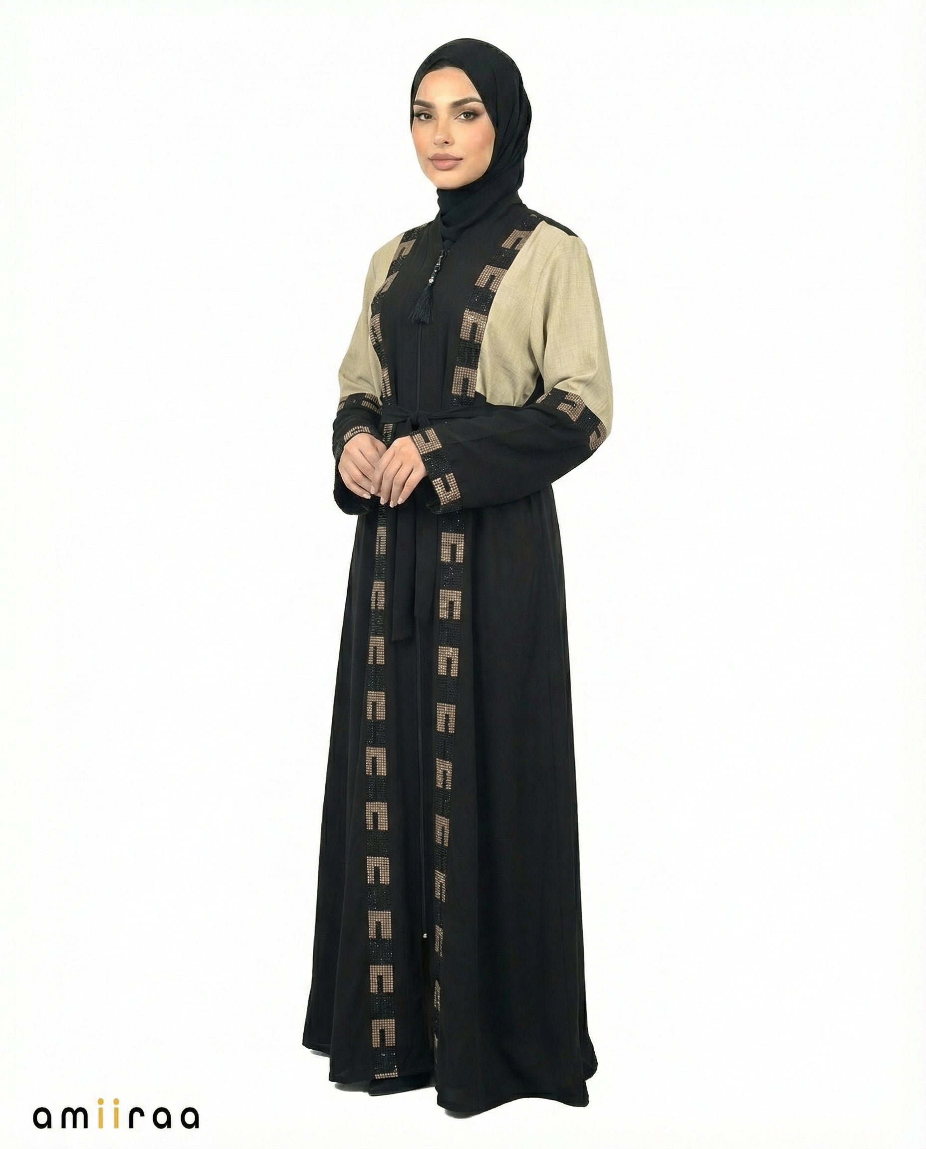Fog Green Geometric Mosaic Beaded Abaya
