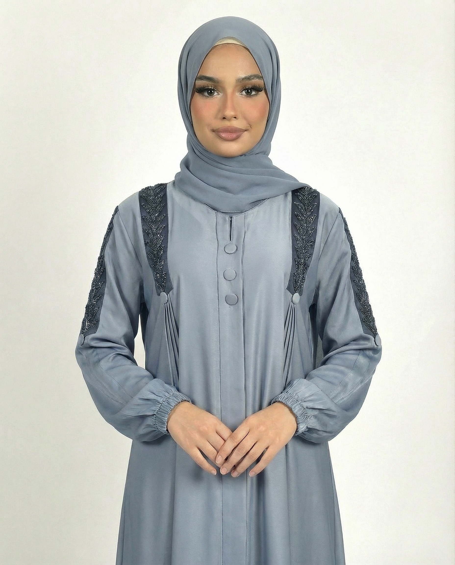 Button Detail Modest Abaya with Braided Trim - Lightest Sky