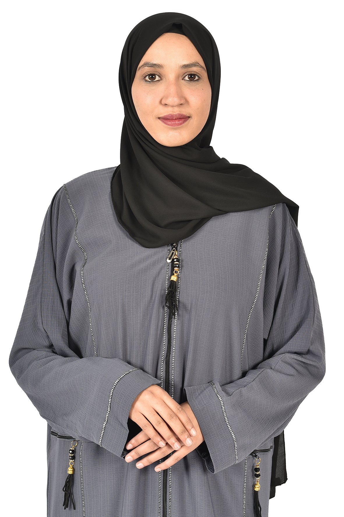 Elegant Grey Abaya with Front Zipper – Modern and Practical Design ( ladies abaya )