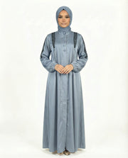 Button Detail Modest Abaya with Braided Trim - Graystone