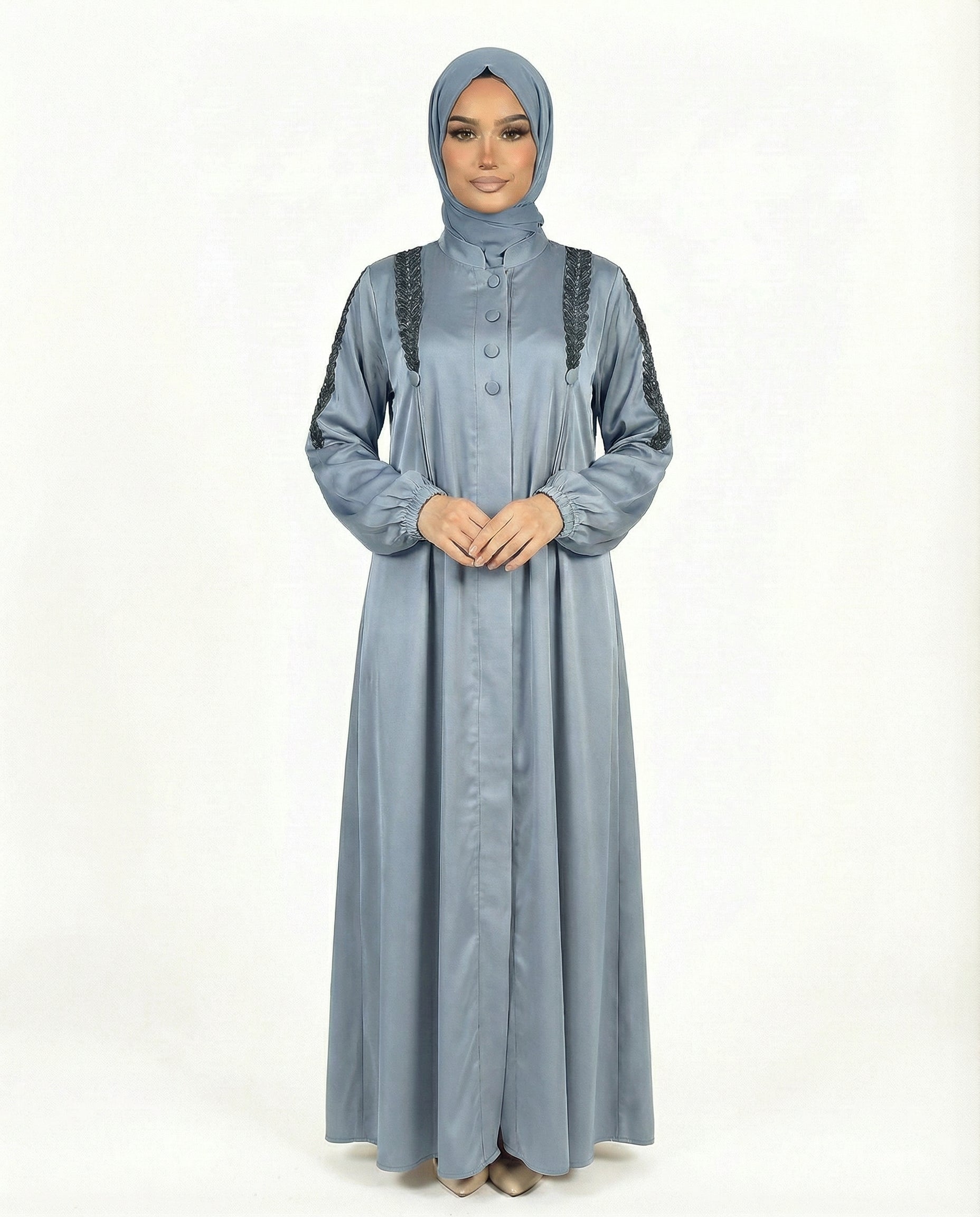 Button Detail Modest Abaya with Braided Trim - Graystone