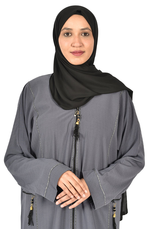Elegant Grey Abaya with Front Zipper – Modern and Practical Design ( ladies abaya )