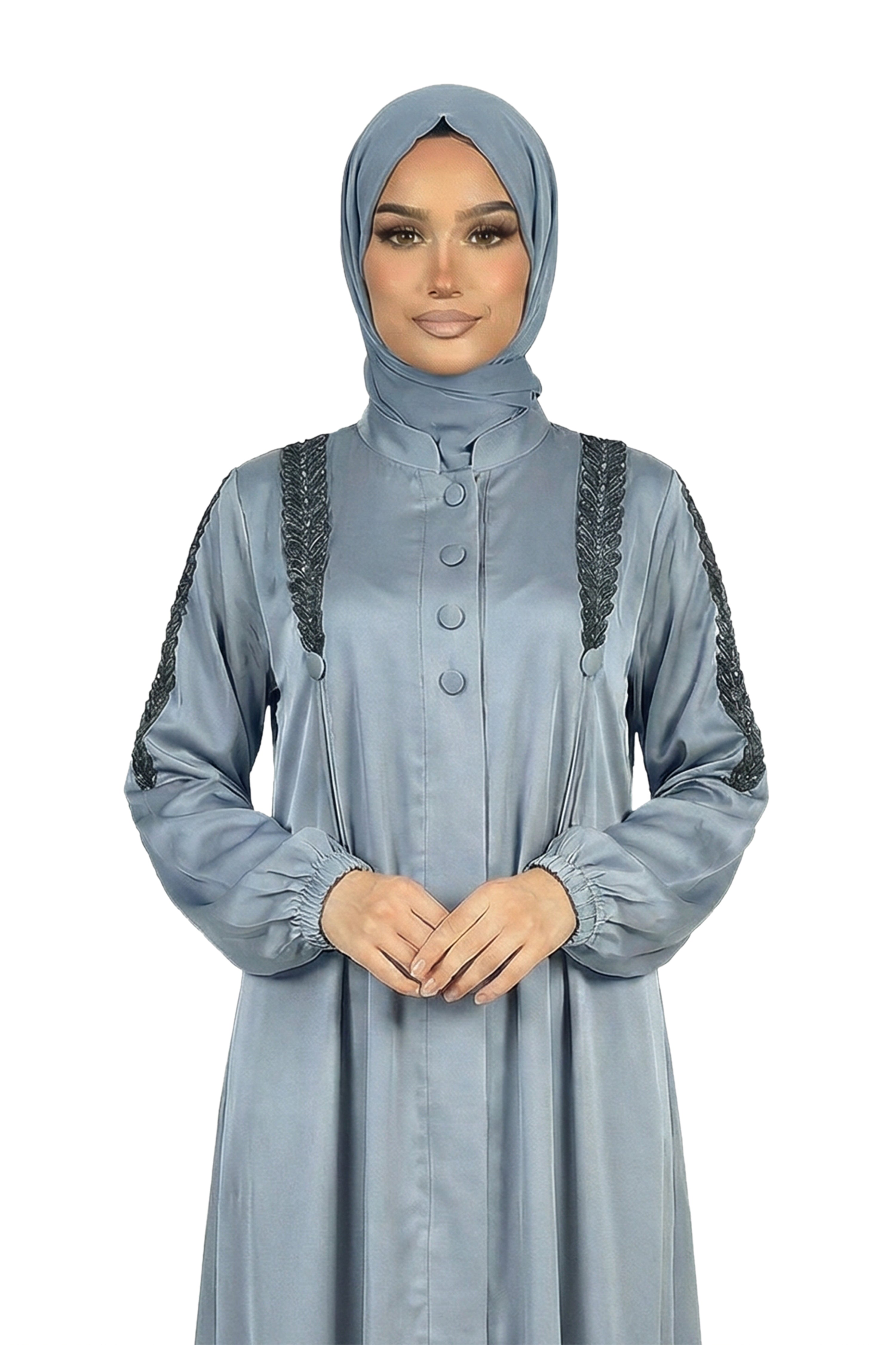 Button Detail Modest Abaya with Braided Trim - Graystone