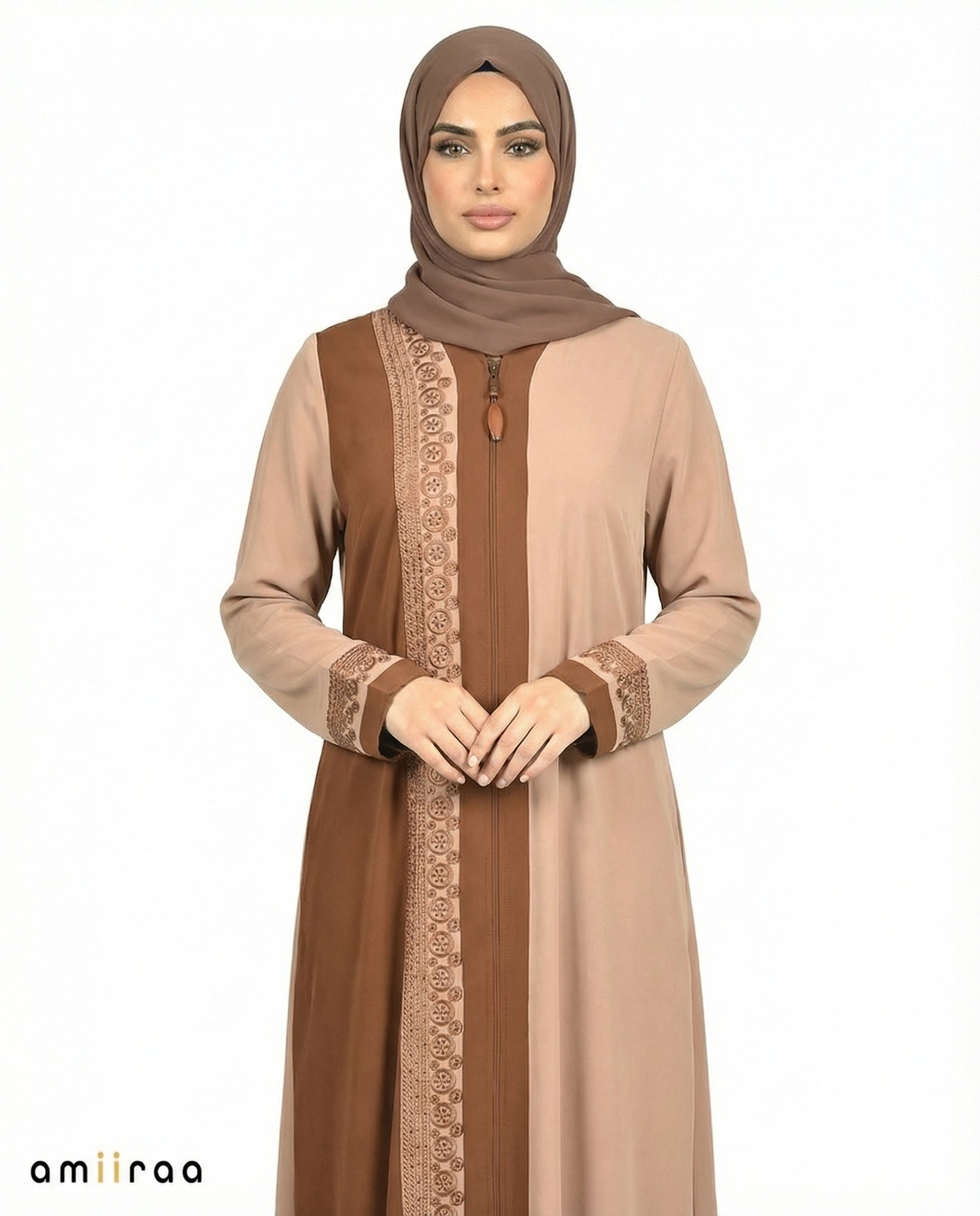 Desert Taupe Two-Tone Embroidered Panel Abaya
