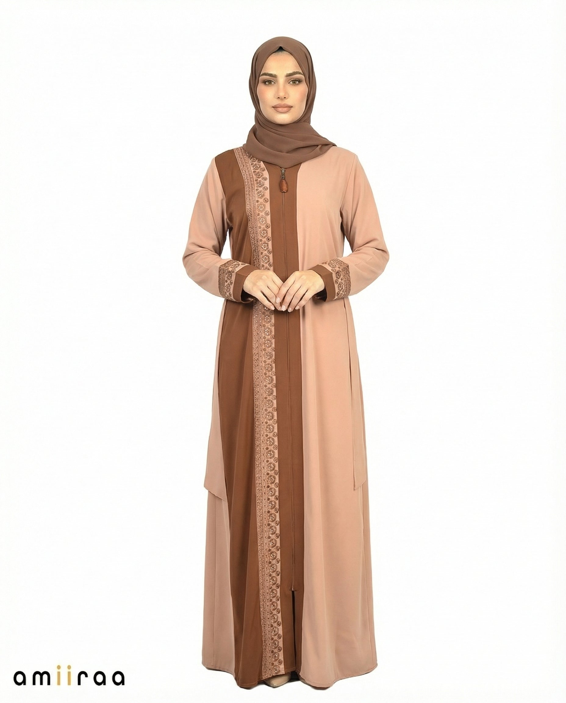 Desert Taupe Two-Tone Embroidered Panel Abaya