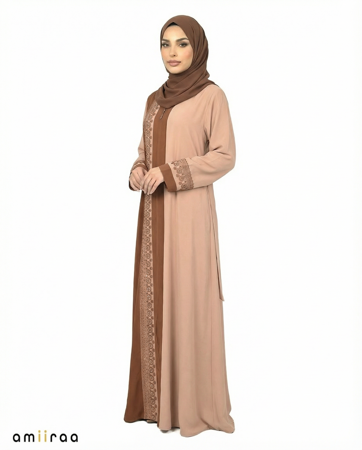 Desert Taupe Two-Tone Embroidered Panel Abaya
