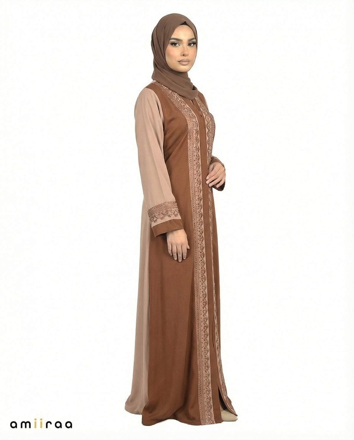 Desert Taupe Two-Tone Embroidered Panel Abaya