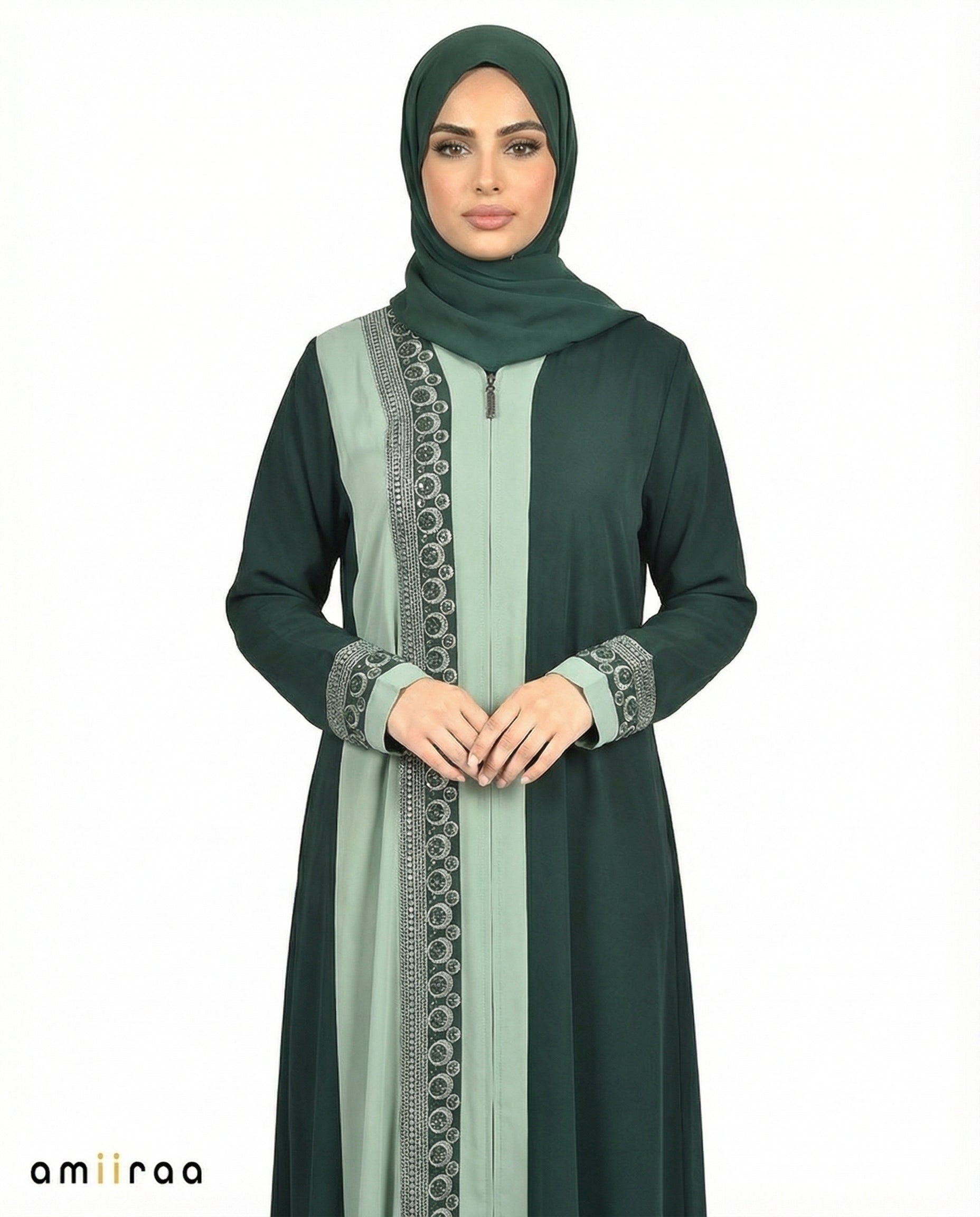 Mineral Blue Desert Taupe Two-Tone Embroidered Panel Abaya